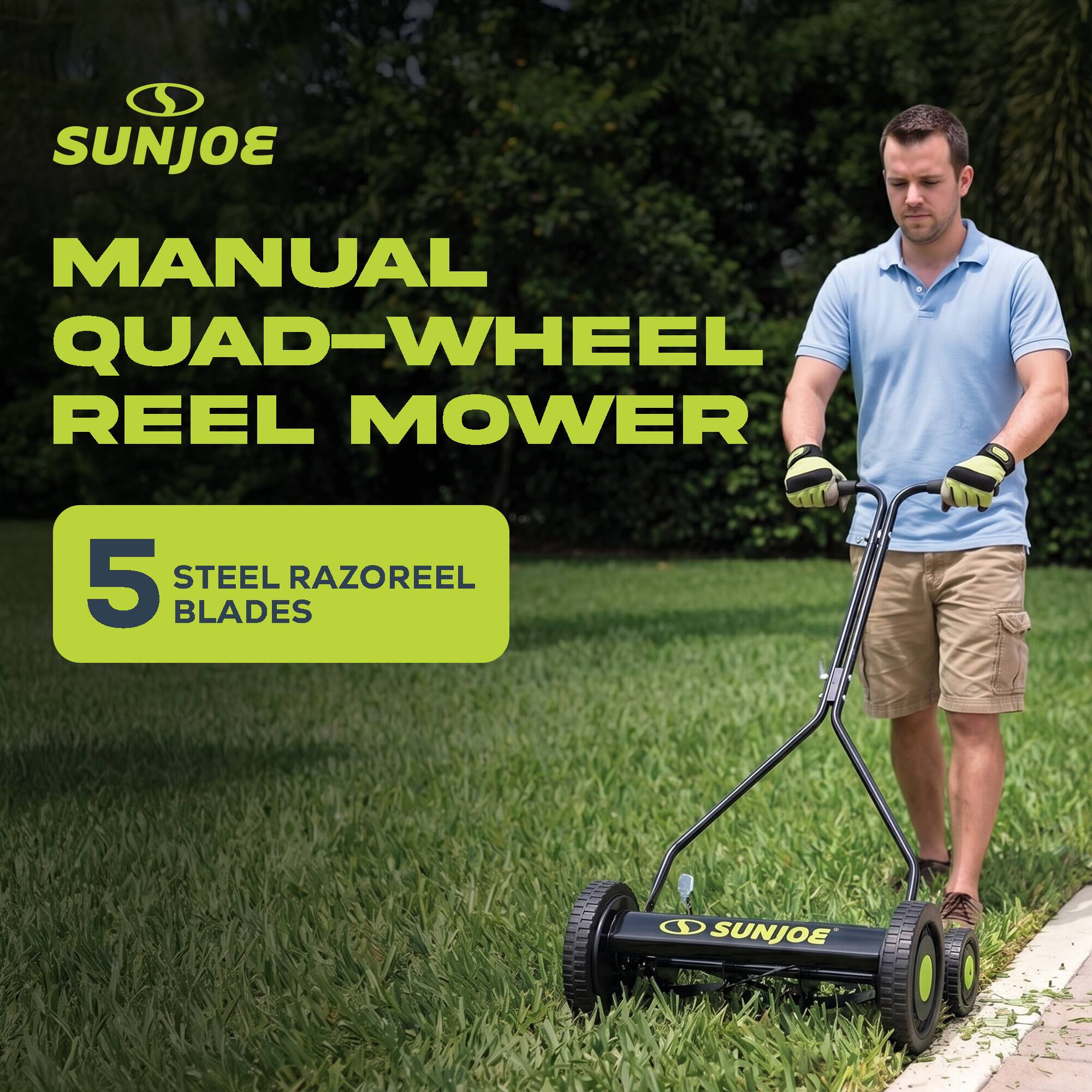 SUNJOE MANUAL QUAD-WHEEL REEL MOWER 5 STEEL RAZOREEL BLADES