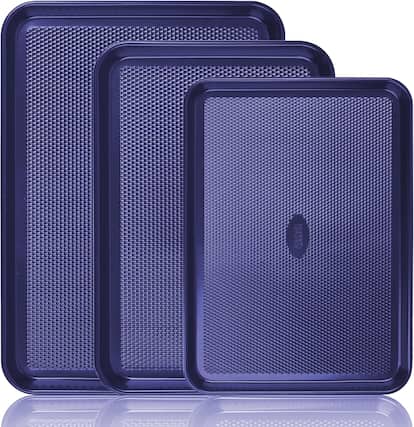 Front. Baker's Secret - Baker's Secret Baking Sheet Pan Set, 3x Cookie Sheets for Oven, Diamond Texture Premium Air Flow Navy Blue - Navy Blue.