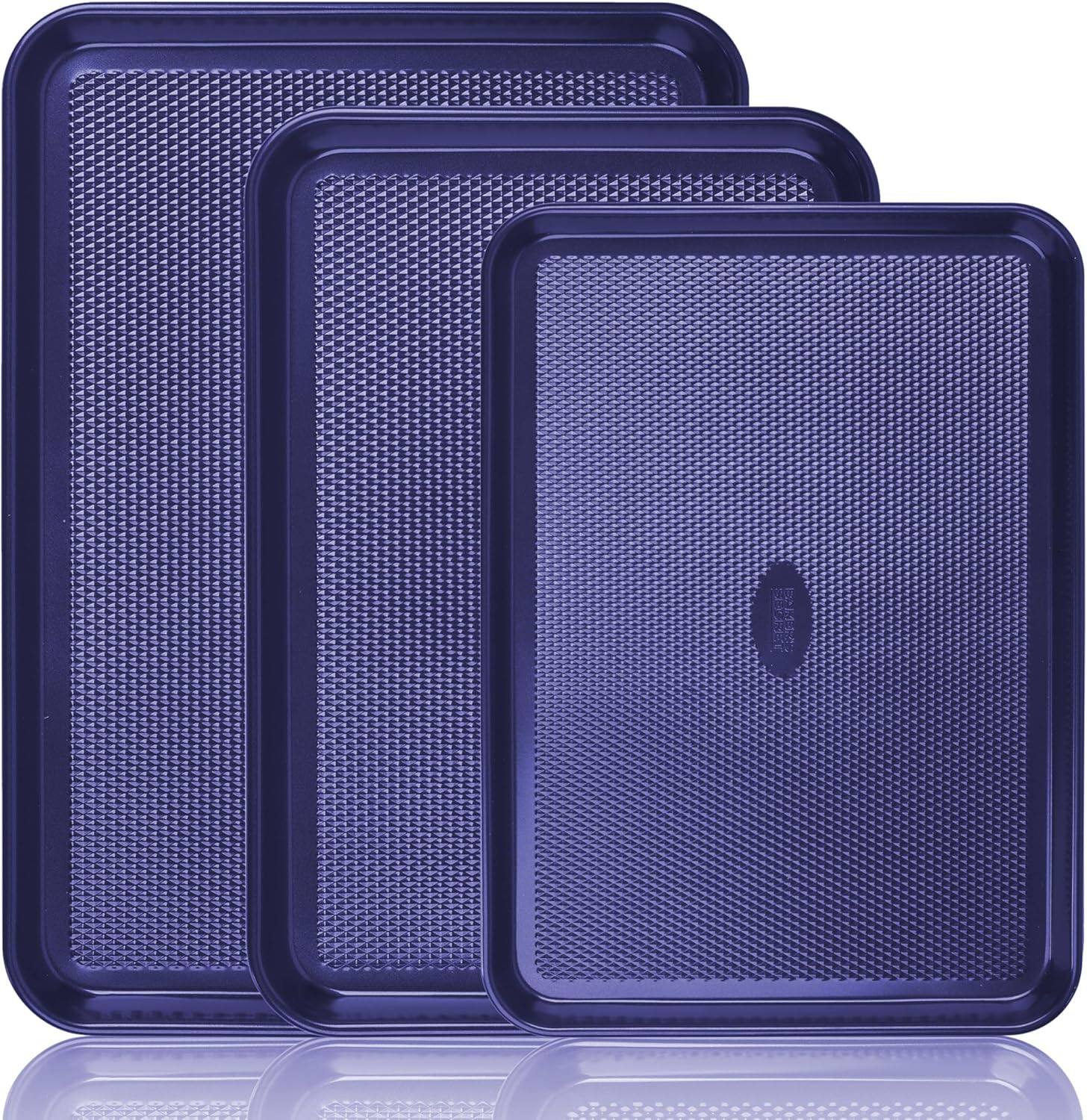 Baker's Secret - Baking Sheet Pan Set, 3x Cookie Sheets for Oven, Diamond Texture Premium Air Flow - Navy Blue