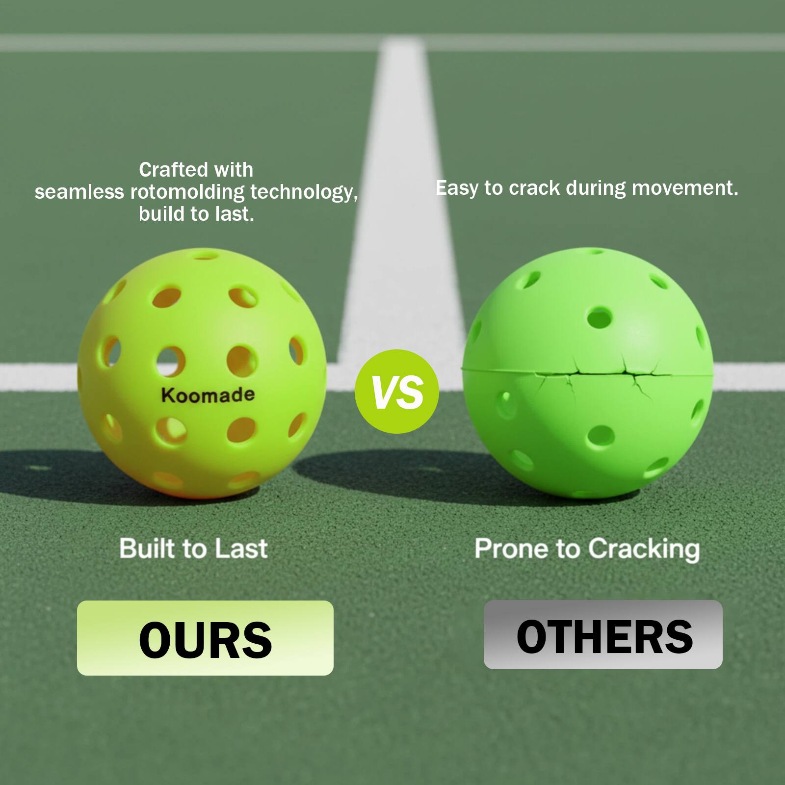 Crafted with seamless rotomolding technology, build to last.  
Easy to crack during movement.  

Koomade  
Built to Last  
Prone to Cracking  

OURS  
OTHERS