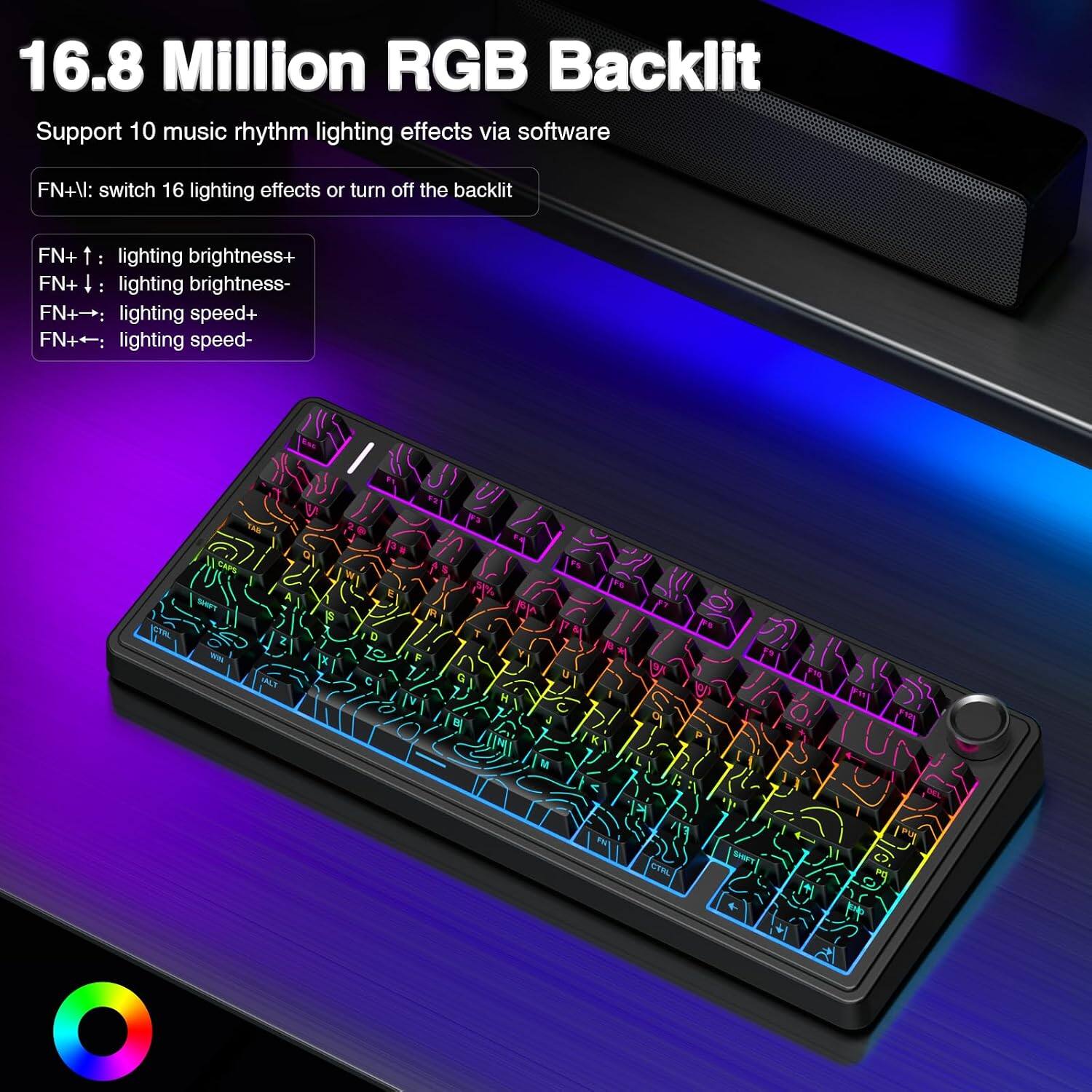 16.8 Million RGB Backlit  
Support 10 music rhythm lighting effects via software  
FN+V: switch 16 lighting effects or turn off the backlit  
FN+↑: lighting brightness+  
FN+↓: lighting brightness-  
FN+→: lighting speed+  
FN+←: lighting speed-
