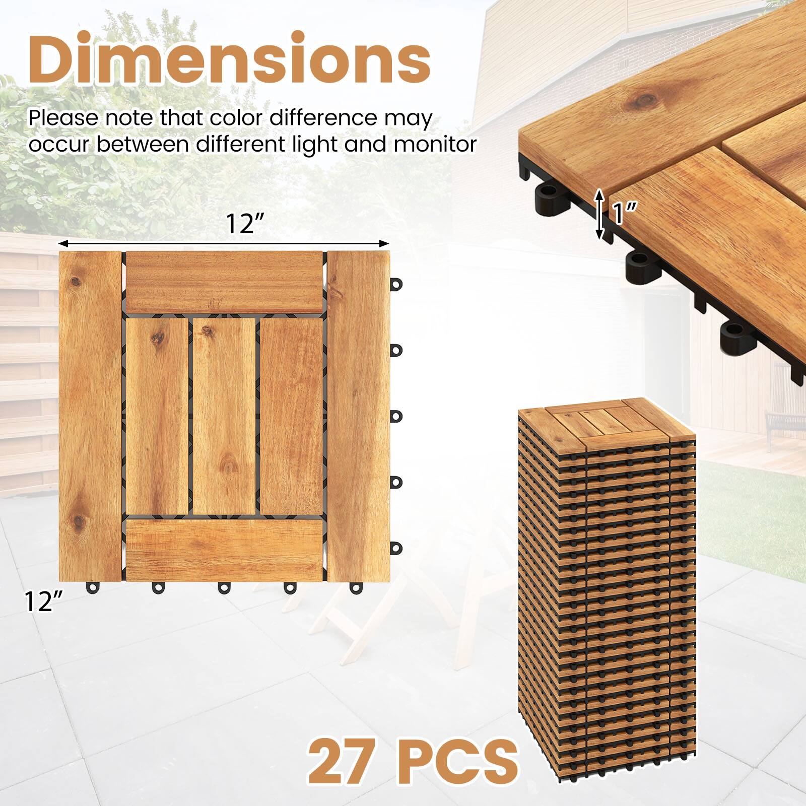 Dimensions  
Please note that color difference may occur between different light and monitor  
12" x 1" x 12"  
27 PCS