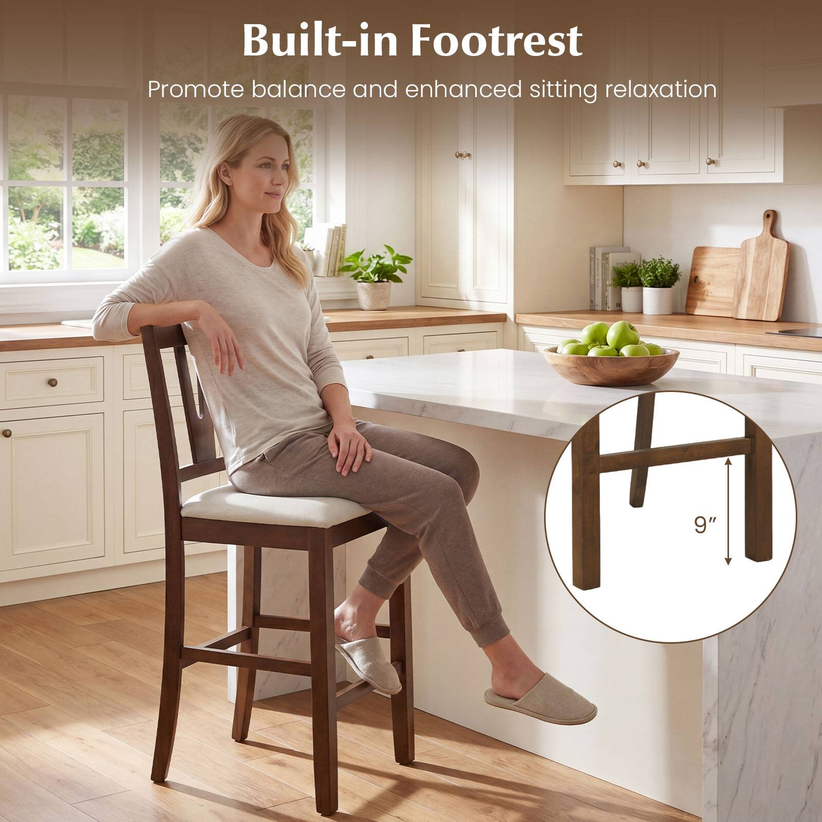 Built-in Footrest  
Promote balance and enhanced sitting relaxation  
9"