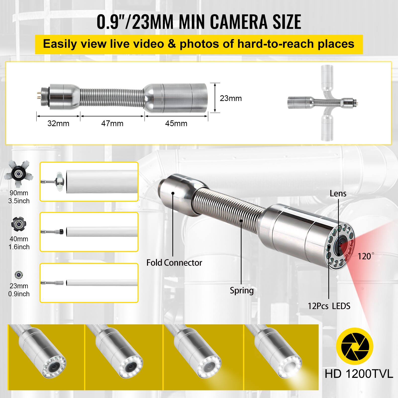 0.9"/23MM MIN CAMERA SIZE  
Easily view live video & photos of hard-to-reach places  

- 23mm  
- 32mm  
- 47mm  
- 45mm  
- 90mm (3.5inch)  
- 40mm (1.6inch)  
- 120°  
- 12Pcs LEDs  
- HD 1200TVL