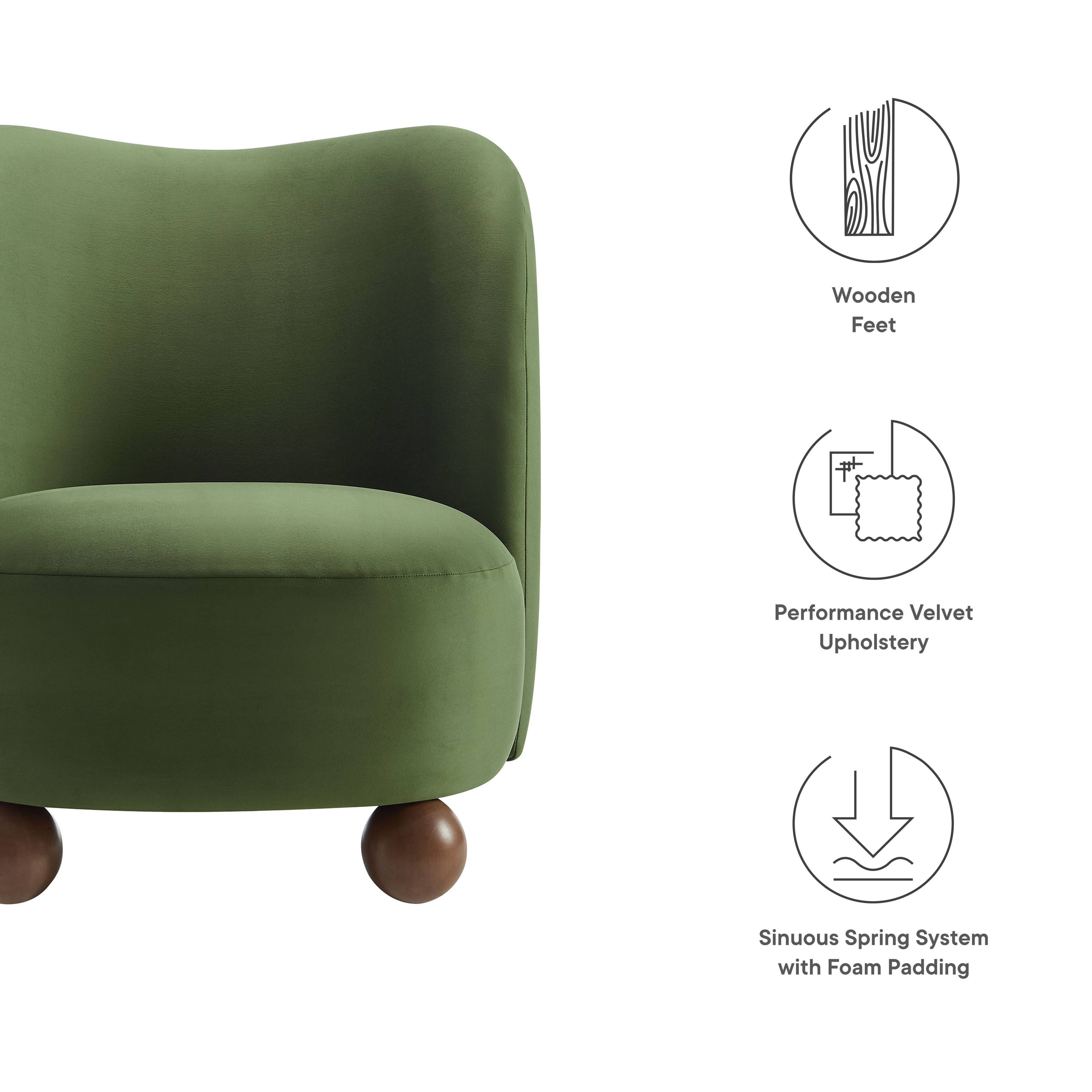 - Wooden Feet
- Performance Velvet Upholstery
- Sinuous Spring System with Foam Padding