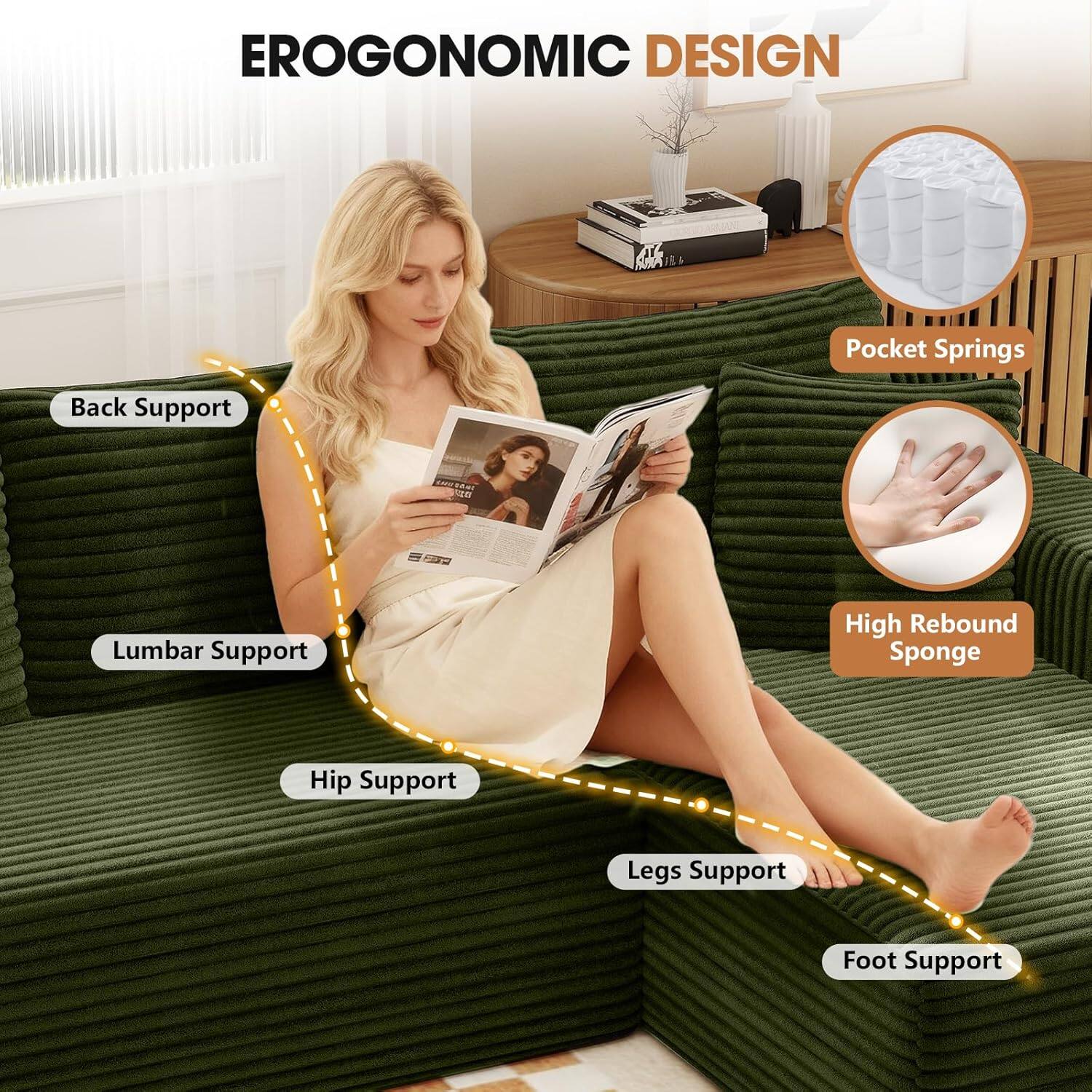 EROGONOMIC DESIGN

- Pocket Springs
- Back Support
- Lumbar Support
- Hip Support
- Legs Support
- Foot Support

High Rebound Sponge