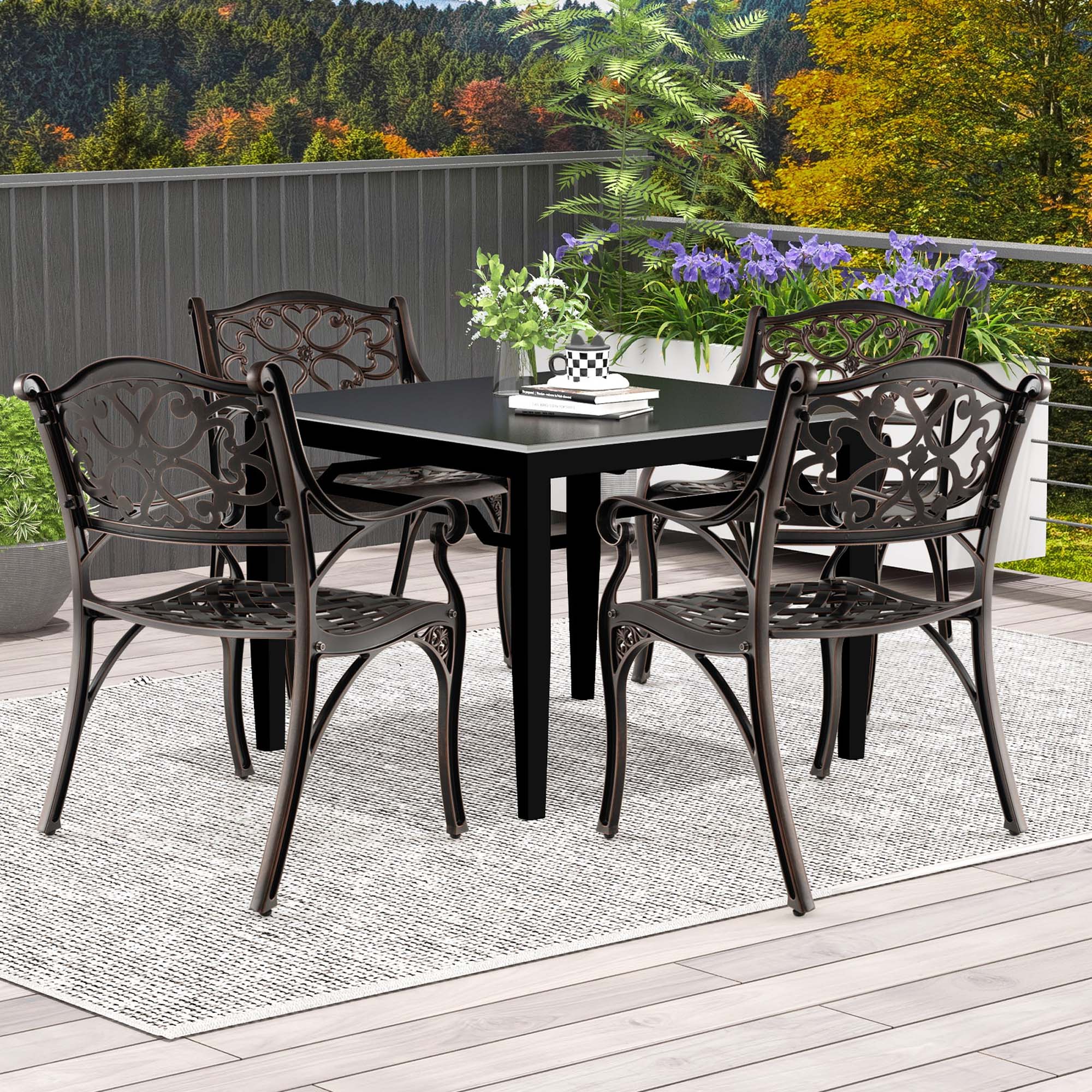 Angle. Costway - 4 PCS Cast Aluminum Patio Chairs Set of 4 Outdoor Dining with Armrests & Curved Seats - Bronze.