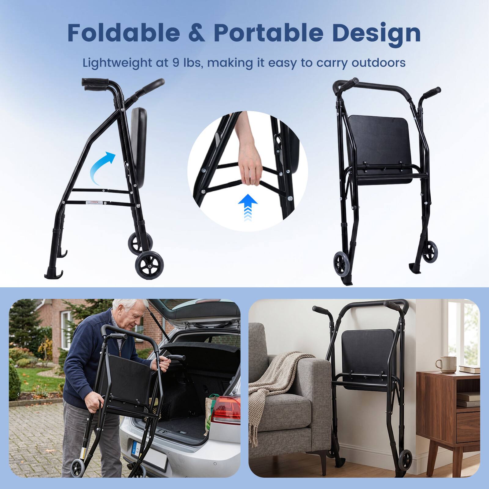Foldable & Portable Design  
Lightweight at 9 lbs, making it easy to carry outdoors