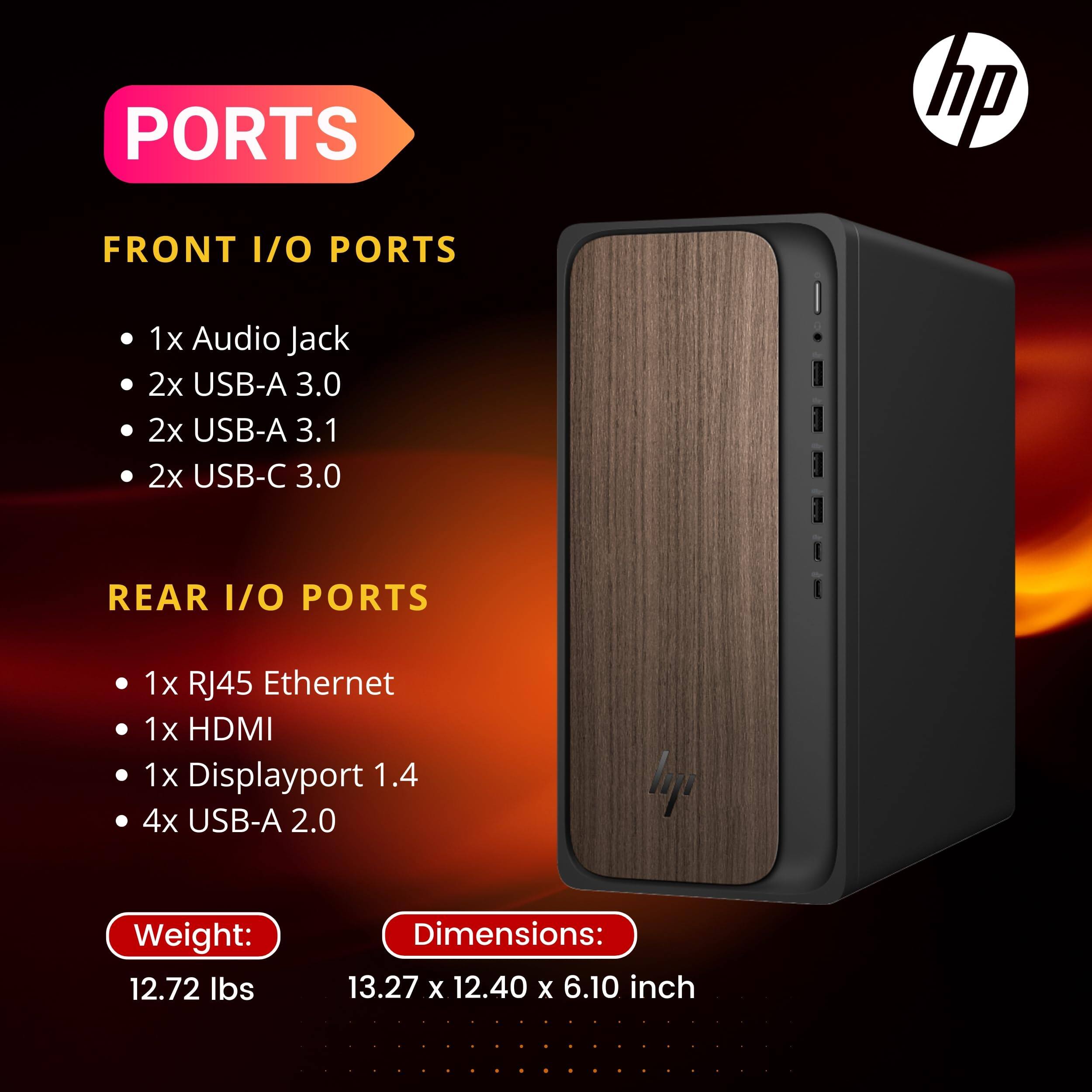 PORTS

FRONT I/O PORTS
- 1x Audio Jack
- 2x USB-A 3.0
- 2x USB-A 3.1
- 2x USB-C 3.0

REAR I/O PORTS
- 1x RJ45 Ethernet
- 1x HDMI
- 1x Displayport 1.4
- 4x USB-A 2.0

Weight: 12.72 lbs

Dimensions: 13.27 x 12.40 x 6.10 inch