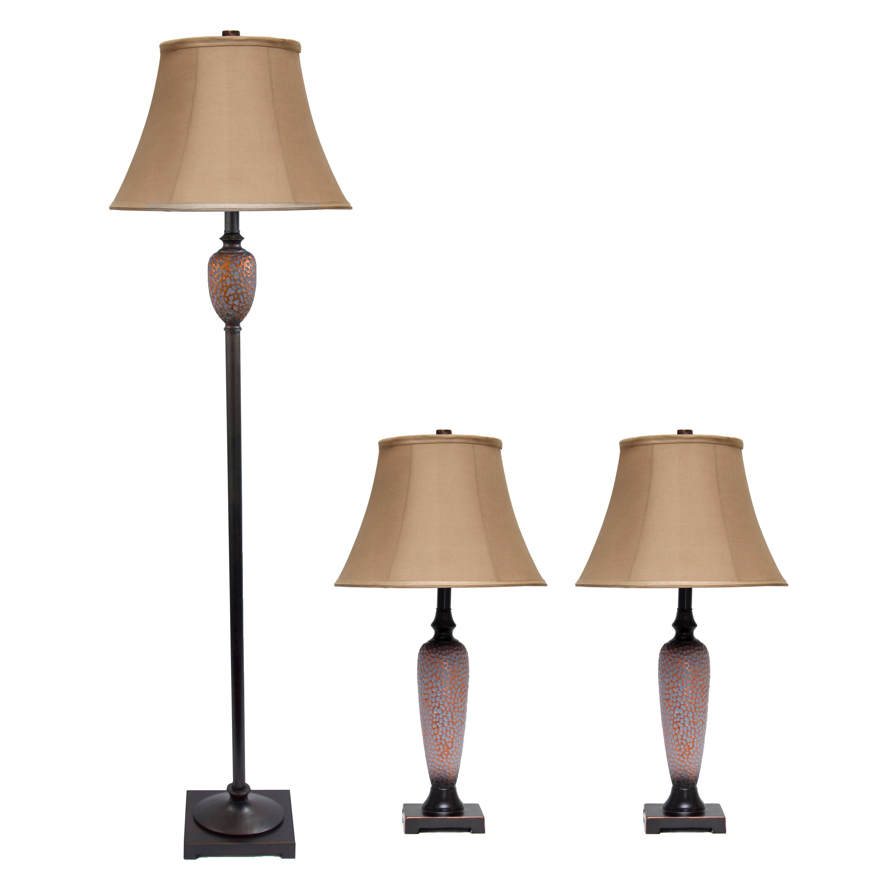 Front. Lalia Home - 3 Piece Metal Lamp Set with Light Brown Empire Fabric Shades - Hammered Bronze.