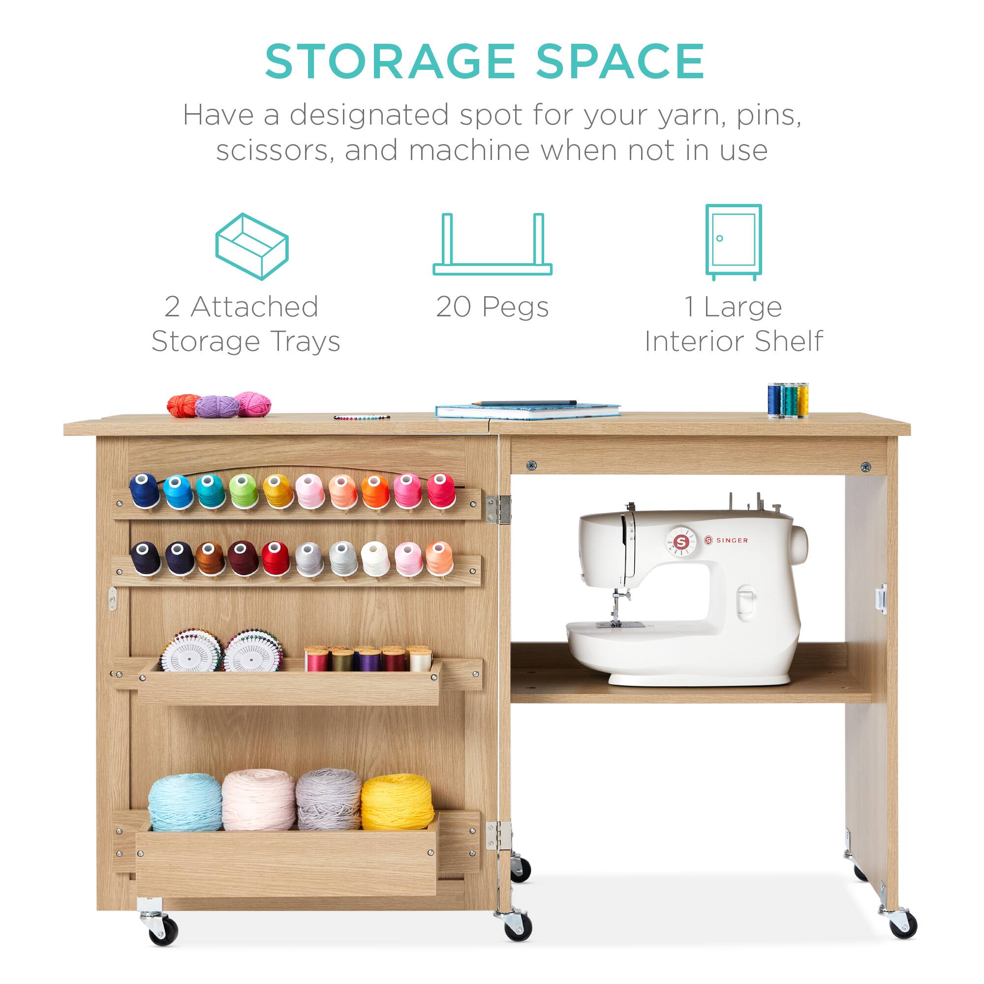 **STORAGE SPACE**

Have a designated spot for your yarn, pins, scissors, and machine when not in use

- 2 Attached Storage Trays
- 20 Pegs
- 1 Large Interior Shelf