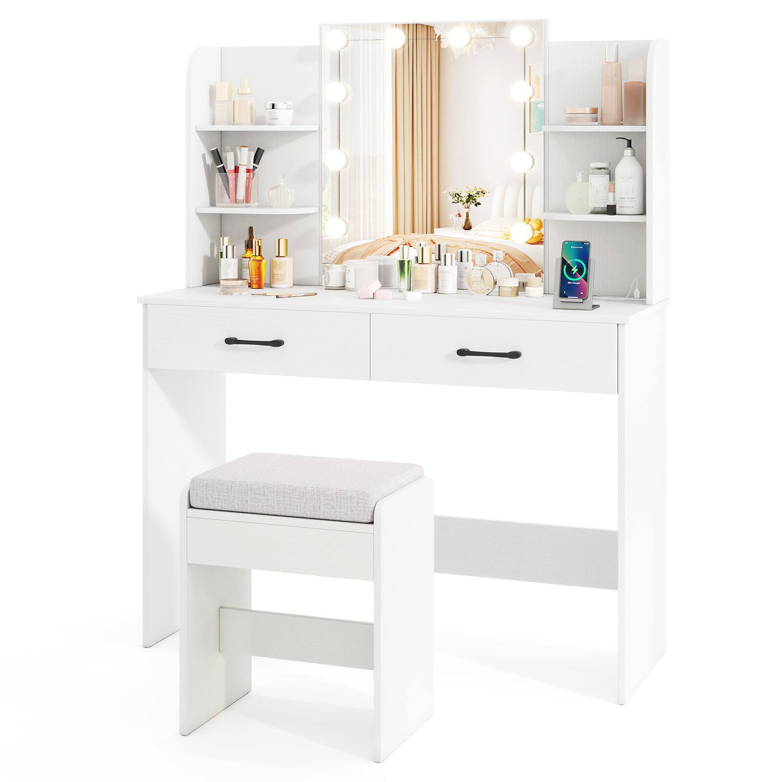 Back. SlickBlue - Vanity Set with Lighted Mirror, Comfortable Stool, and Power Outlet - White.