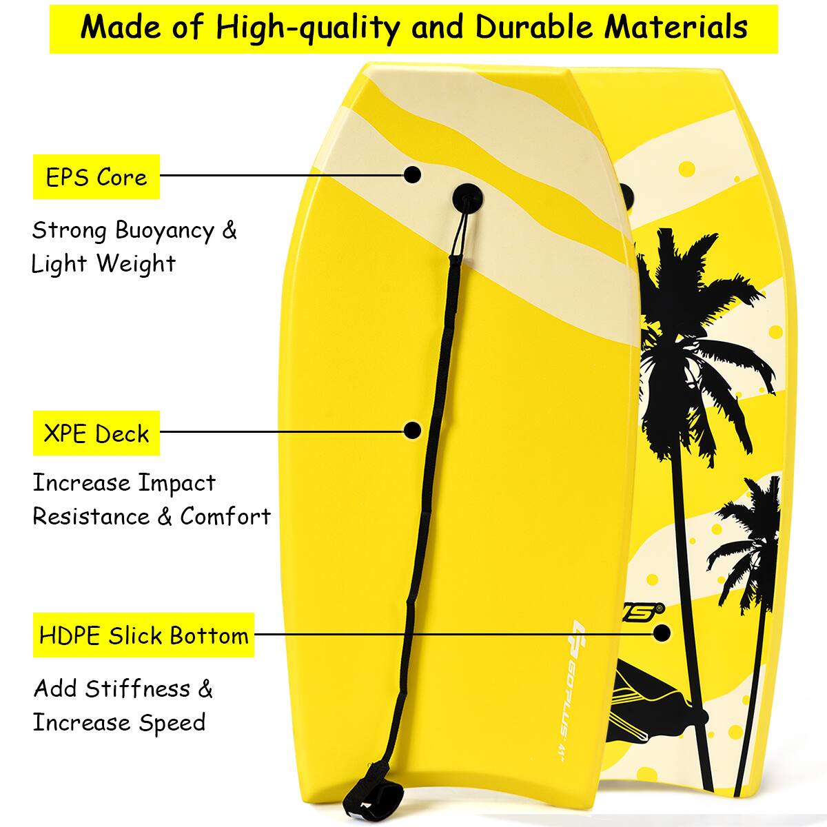 Made of High-quality and Durable Materials

EPS Core
Strong Buoyancy & Light Weight

XPE Deck
Increase Impact Resistance & Comfort

HDPE Slick Bottom
Add Stiffness & Increase Speed