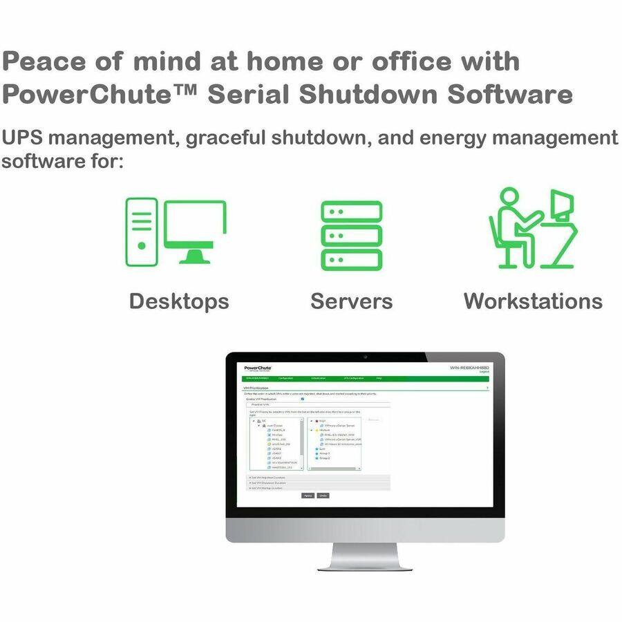Peace of mind at home or office with PowerChute™ Serial Shutdown Software

UPS management, graceful shutdown, and energy management software for:

- Desktops
- Servers
- Workstations