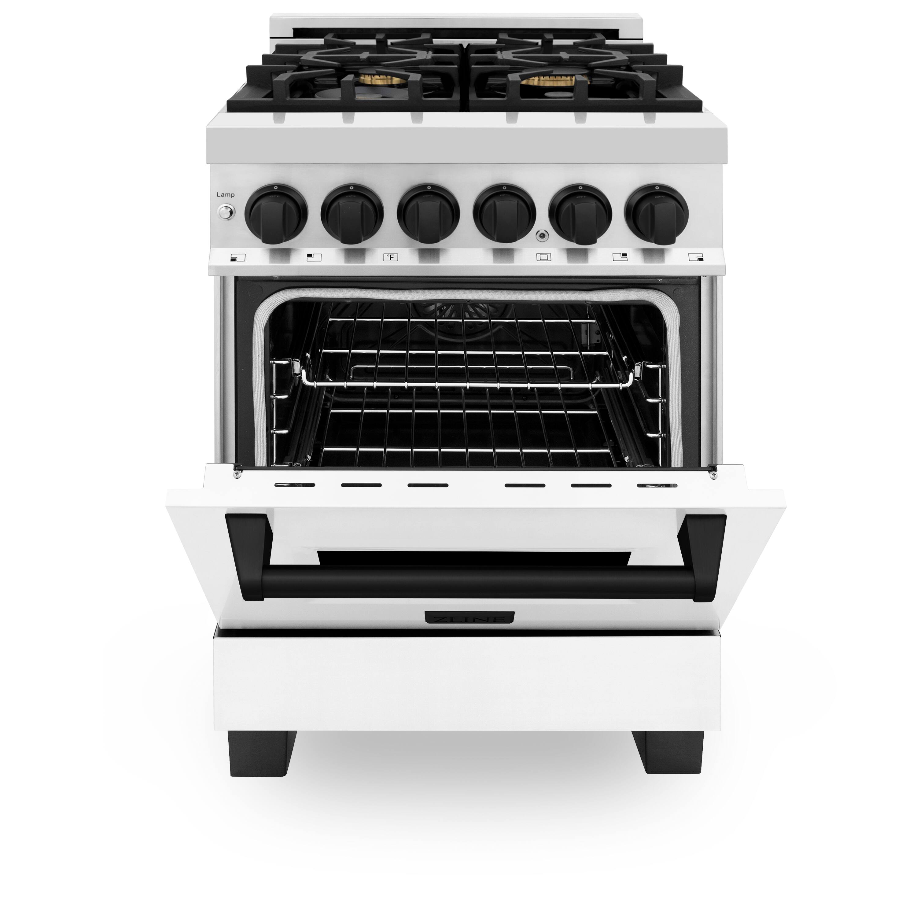 Angle. ZLINE - Autograph 24" Legacy Dual Fuel Range w/ 4 Burners & White & Black Accents (RAZ-WM-24-MB) - Multicolor.