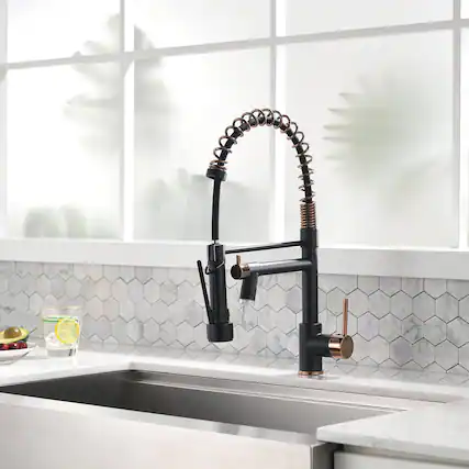 Front. Boyel Living - Matte Black Rose Gold Single Handle Pull Down Sprayer Kitchen Faucet with LED Light and Pot Filler - Matte Black Mix Rose Gold.