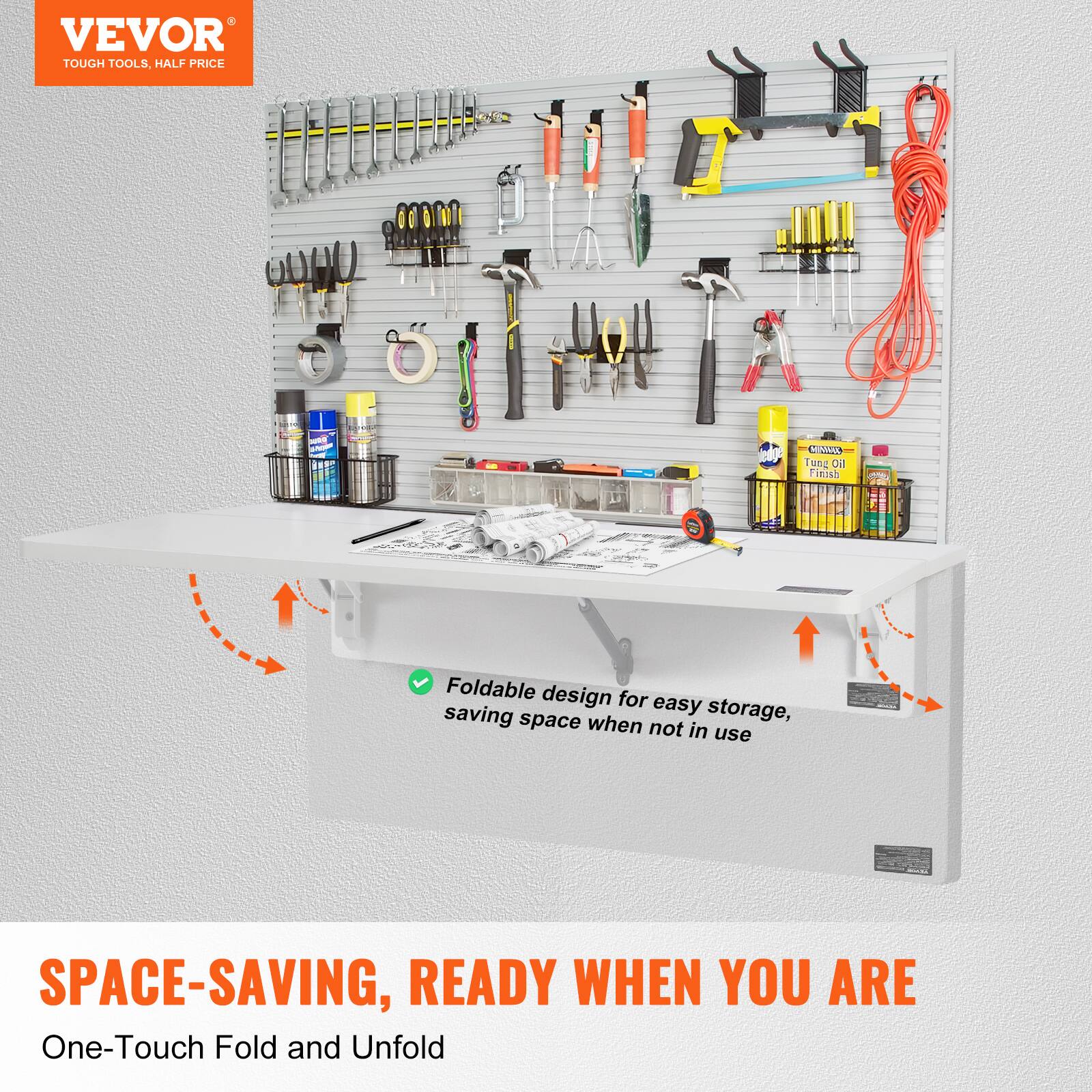 VEVOR  
TOUGH TOOLS, HALF PRICE  

Foldable design for easy storage, saving space when not in use  

SPACE-SAVING, READY WHEN YOU ARE  
One-Touch Fold and Unfold