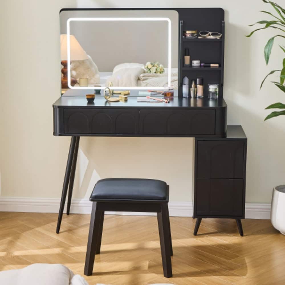 LUCKY ONE - Modern Makeup Vanity Desk w/ LED Mirror 4 Drawers Stool & Adjustable Cabinet - Black