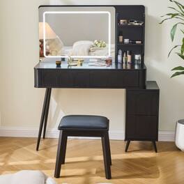 LUCKY ONE - Modern Makeup Vanity Desk w/ LED Mirror 4 Drawers Stool & Adjustable Cabinet - Black