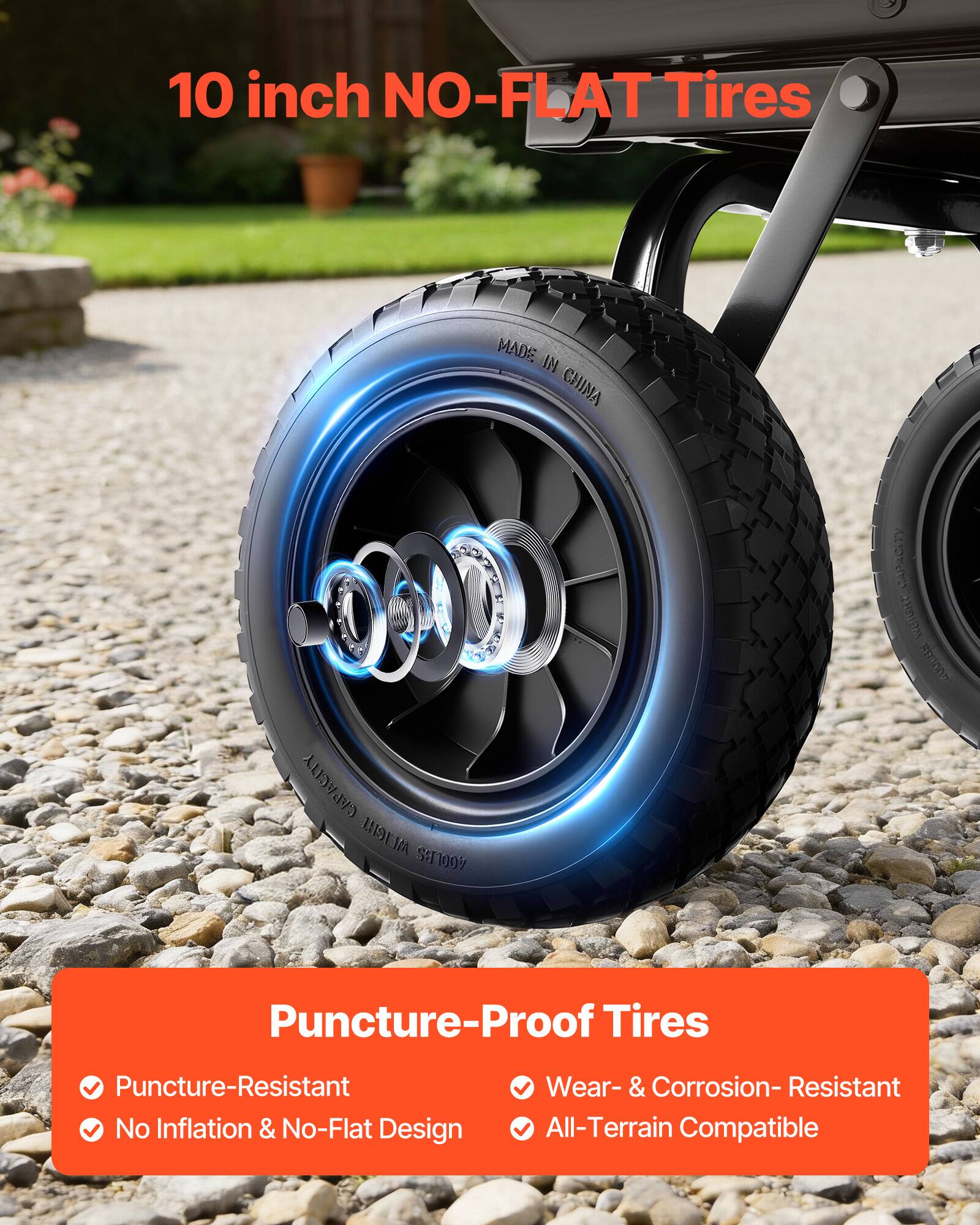 10 inch NO-FLAT Tires  
MADE IN CHINA  
CAPACITY: 100 KG  
Puncture-Proof Tires  
Puncture-Resistant  
No Inflation & No-Flat Design  
Wear- & Corrosion- Resistant  
All-Terrain Compatible