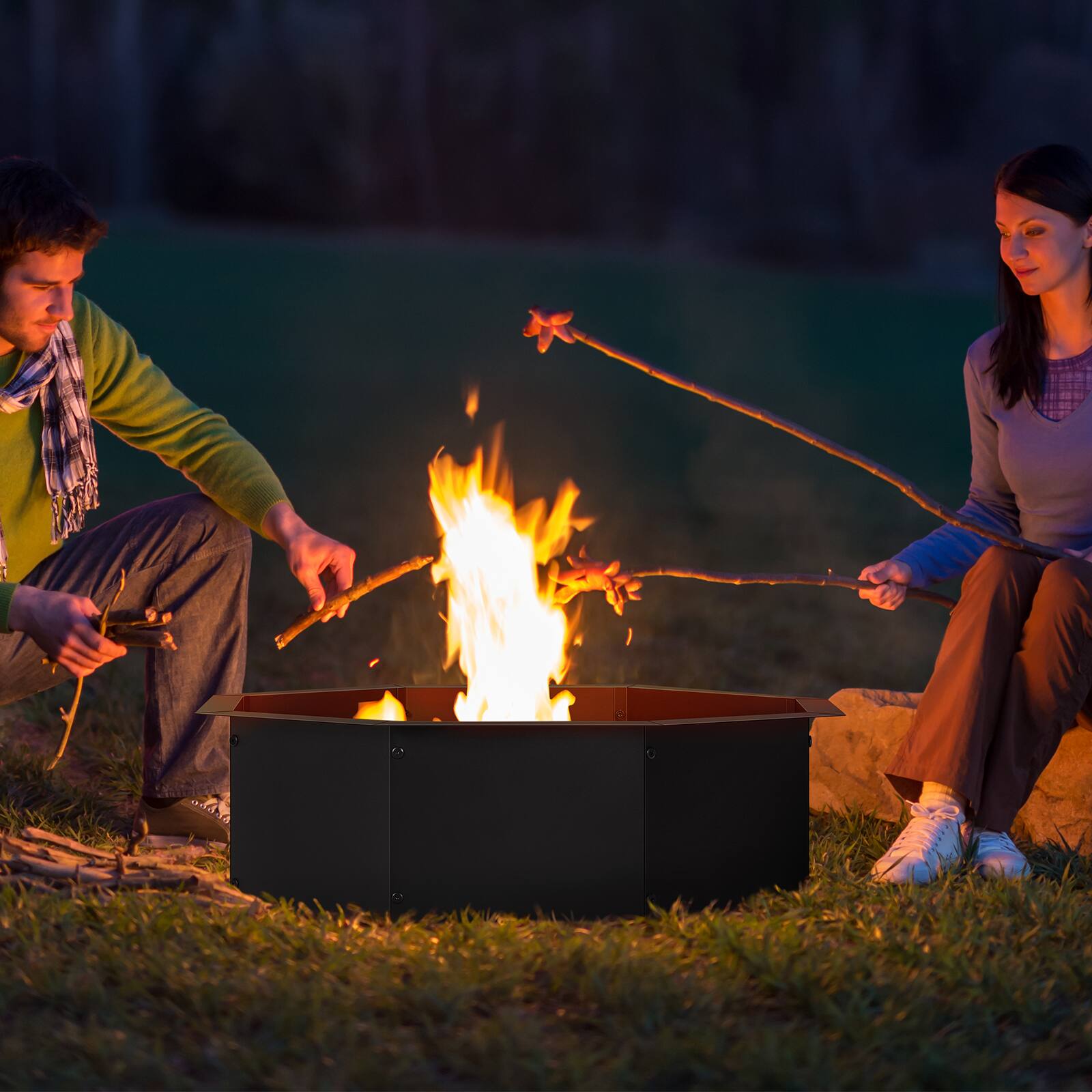 Alt View 2. Oumilen - Octagonal Fire Pit Ring, 2.5mm Thick Heavy Duty Black Steel Liner Fire Pit Insert for Outdoor Camping Backyard.
