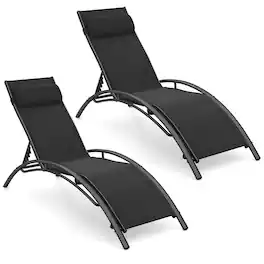 Gymax - Patio Chaise Lounges Set of 2 w/5-Position Backrest & Breathable Seat Fabric - Black