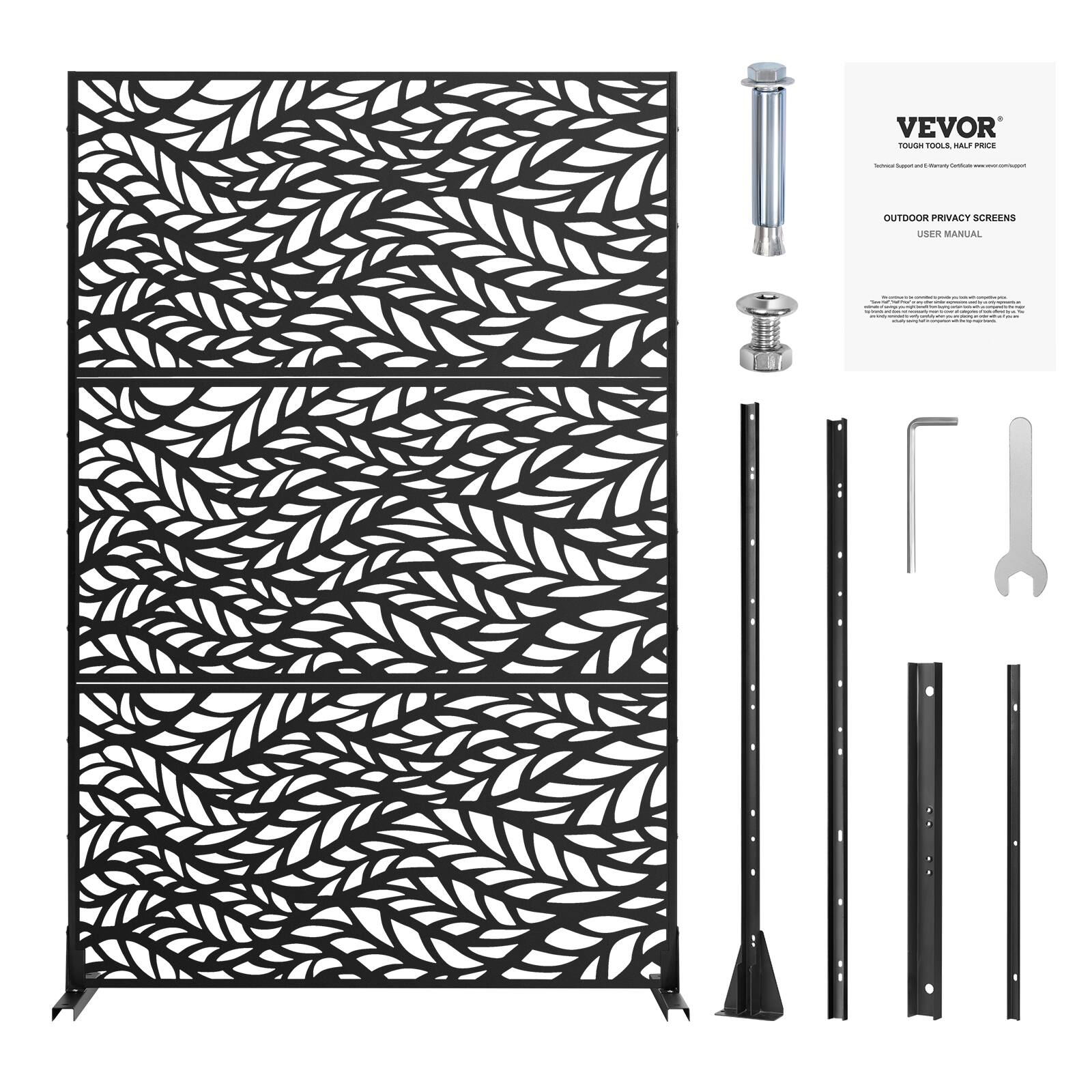 VEVOR  
TOUGH TOOLS, HALF PRICE  

OUTDOOR PRIVACY SCREENS  
USER MANUAL  

VEVOR  
TOUGH TOOLS, HALF PRICE  
www.vevor.com  

OUTDOOR PRIVACY SCREENS  
USER MANUAL  

Please read the following instructions carefully before assembling your outdoor privacy screen.  

1. **Unpacking:**  
   - Check all parts and accessories are included.  
   - Ensure all parts are undamaged.  

2. **Assembly:**  
   - Assemble the screen panels by connecting them using the provided screws and bolts.  
   - Attach the screen to the ground using the stakes and screws.  

3. **Installation:**  
   - Position the screen in the desired location.  
   - Secure the screen to the ground using the stakes.  

4. **Maintenance:**  
   - Clean the screen regularly to maintain its appearance.  

For further assistance, visit our website or contact customer support.  

www.vevor.com