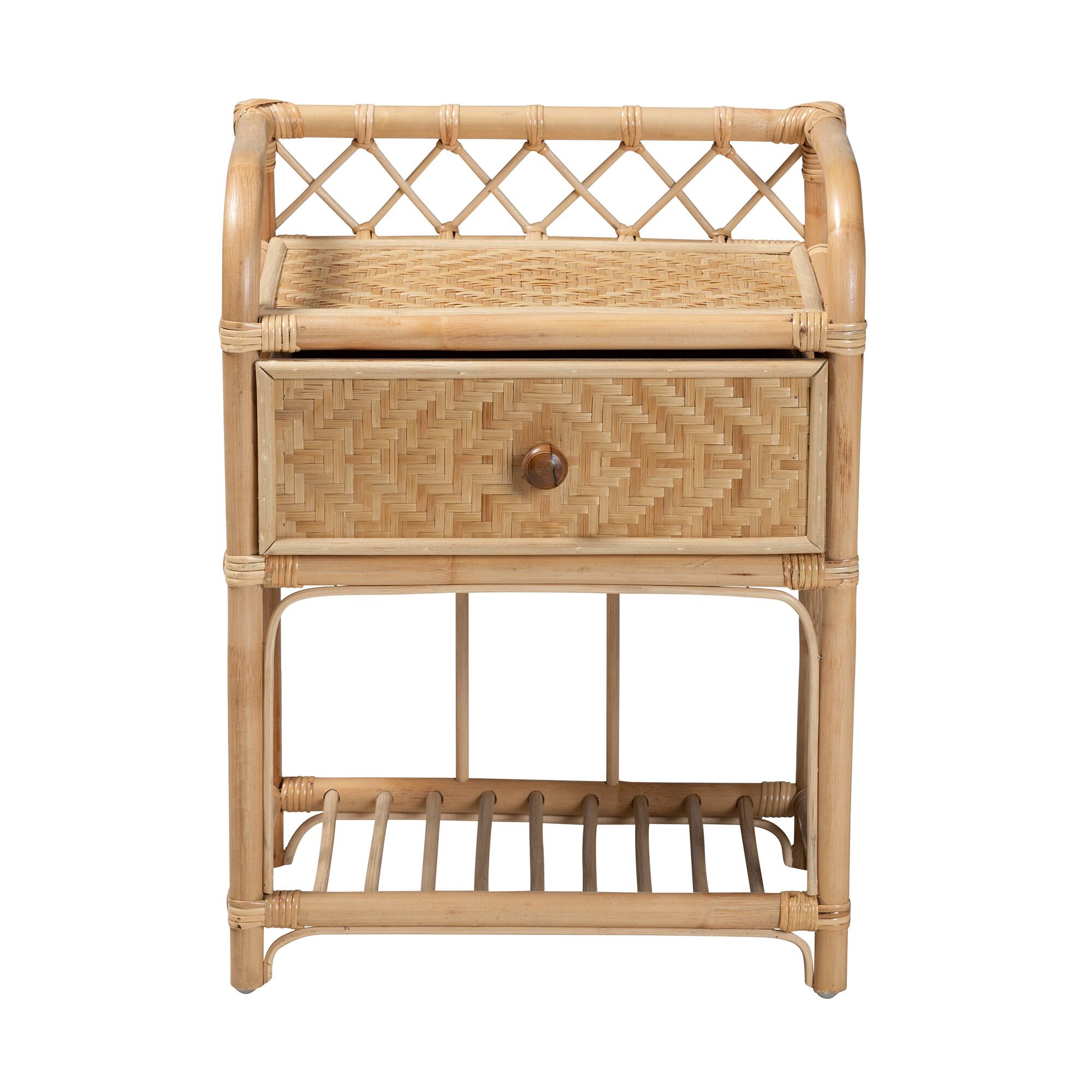 Left. bali & pari - Kobie Modern Bohemian Rattan 1-Drawer Nightstand - Natural Brown.