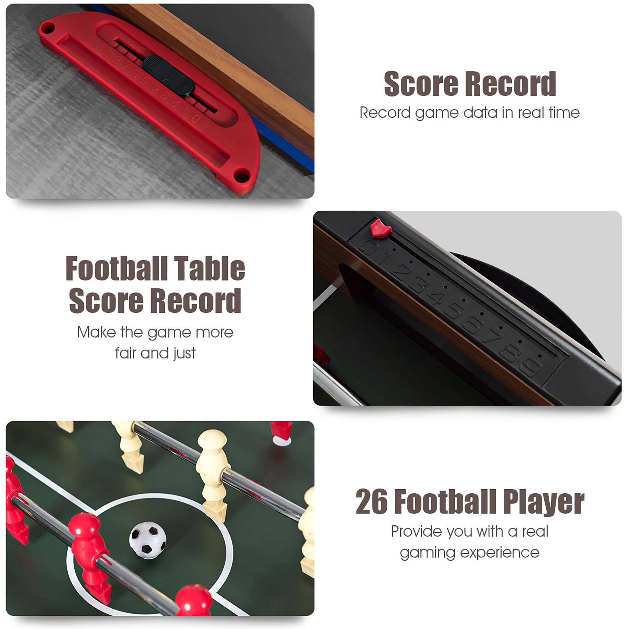 Group 1:
* Football Table
* Score Record
* Record game data in real time
Group 2:
* 26 Football Player
* Provide you with a real gaming experience