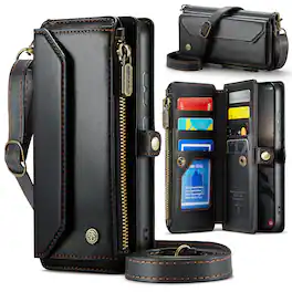 Dteck - Wallet Case for Samsung Galaxy S26 Ultra, PU Leather RFID Blocking Card Holder Kickstand Cover with Crossbody Strap - Black
