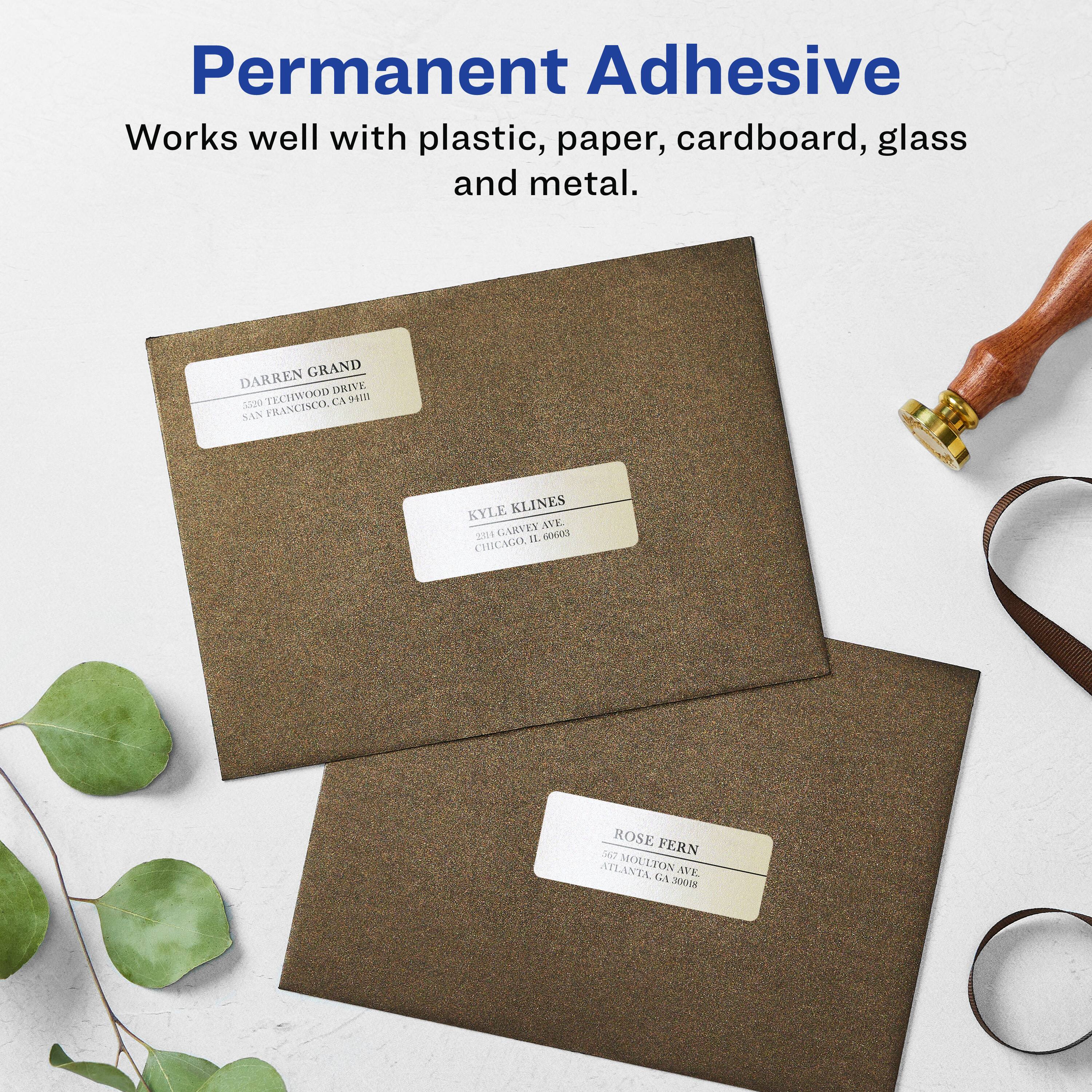 Permanent Adhesive  
Works well with plastic, paper, cardboard, glass and metal.  

DARREN GRAND  
4200 TECHWOOD DRIVE  
SAN FRANCISCO, CA 94111  

KYLE KLINE  
2801 GARVEY AVE.  
SOUTH SAN FRANCISCO, CA 94063  

ROSE FERN  
207 MOUTON AVE.  
ATLANTA, GA 30018