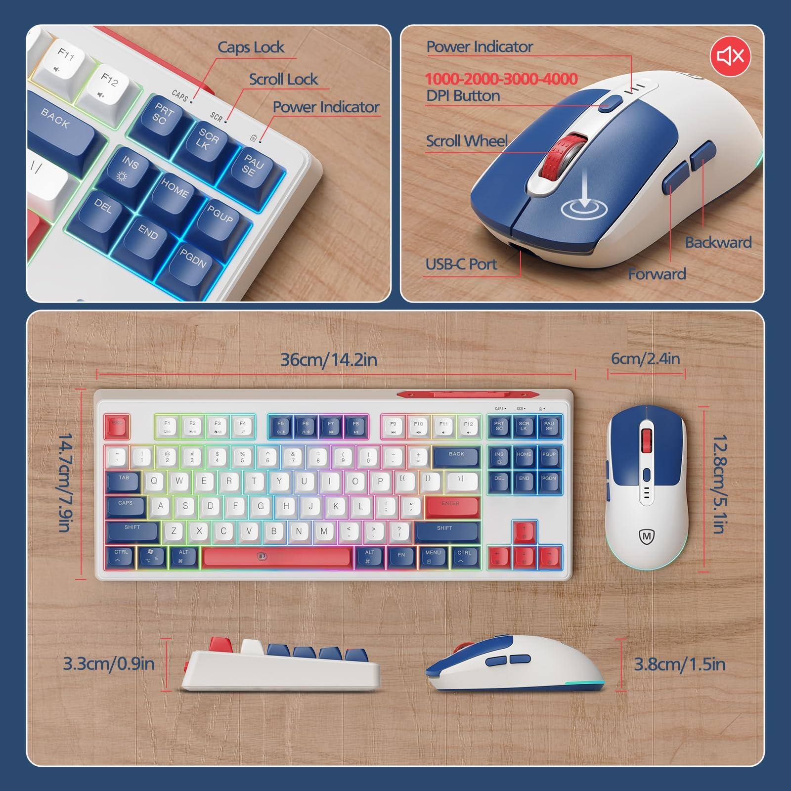 Sure, here is the corrected and grouped text from the image:

---

**Keyboard:**

- F11
- F12
- BACK
- CAPS
- PAT
- SC
- LK
- PAU
- SE
- INS
- HOME
- DEL
- END
- PGUP
- PGDN
- USB-C Port
- 36cm/14.2in
- 14.7cm/7.9in
- 3.3cm/0.9in
- 3.8cm/1.5in

**Mouse:**

- Power Indicator
- 1000-2000-3000-4000 DPI Button
- Scroll Wheel
- Backward
- Forward
- USB-C Port
- 6cm/2.4in
- 12.8cm/5.1in
- 3.8cm/1.5in

**Keyboard (Full Layout):**

- F1 F2 F3 F4 F5 F6 F7 F8 F9 F10 F11 F12
- 1 2 3 4 5