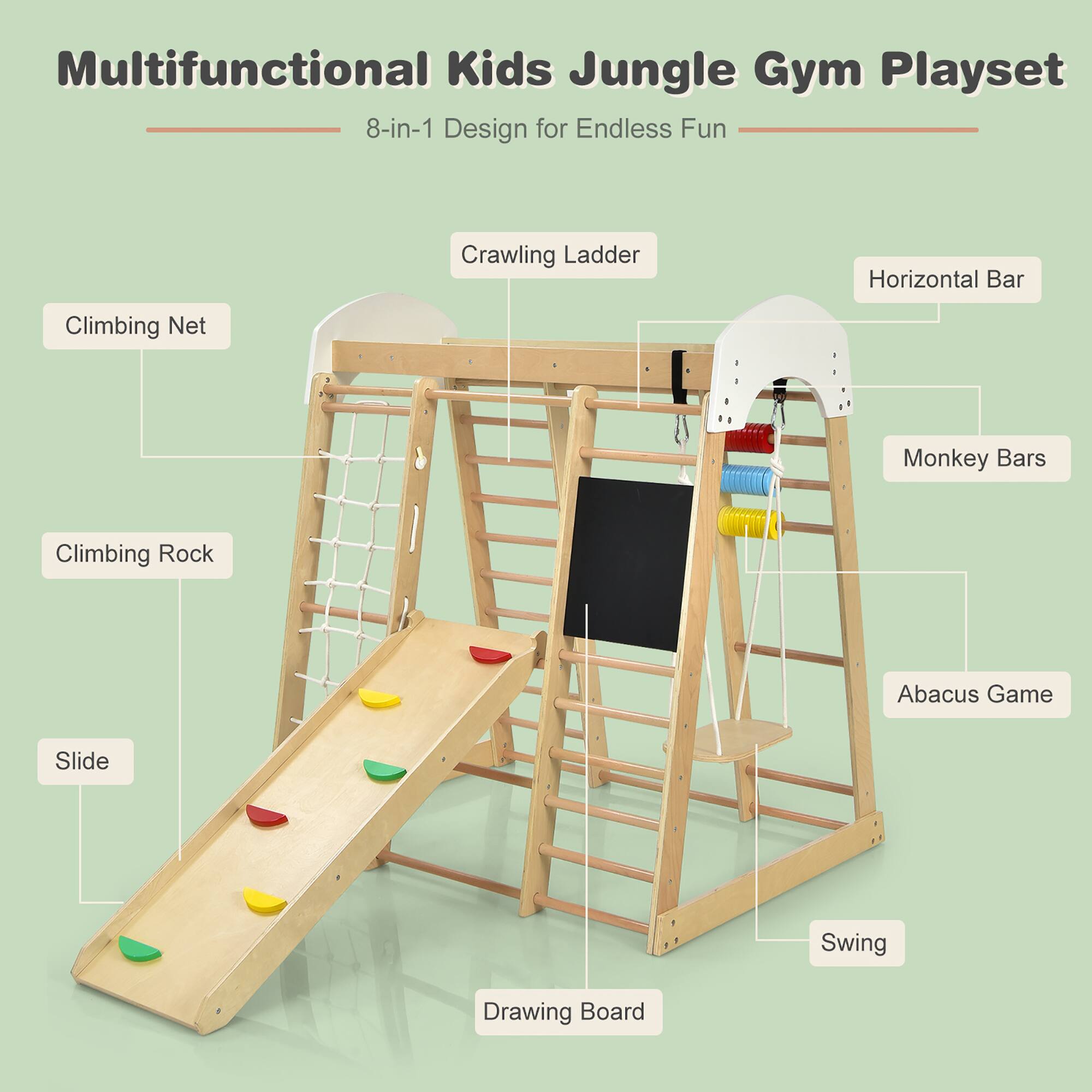 Multifunctional Kids Jungle Gym Playset

8-in-1 Design for Endless Fun

Crawling Ladder
Horizontal Bar
Climbing Net
Monkey Bars
Climbing Rock
Abacus Game
Slide
Swing
Drawing Board