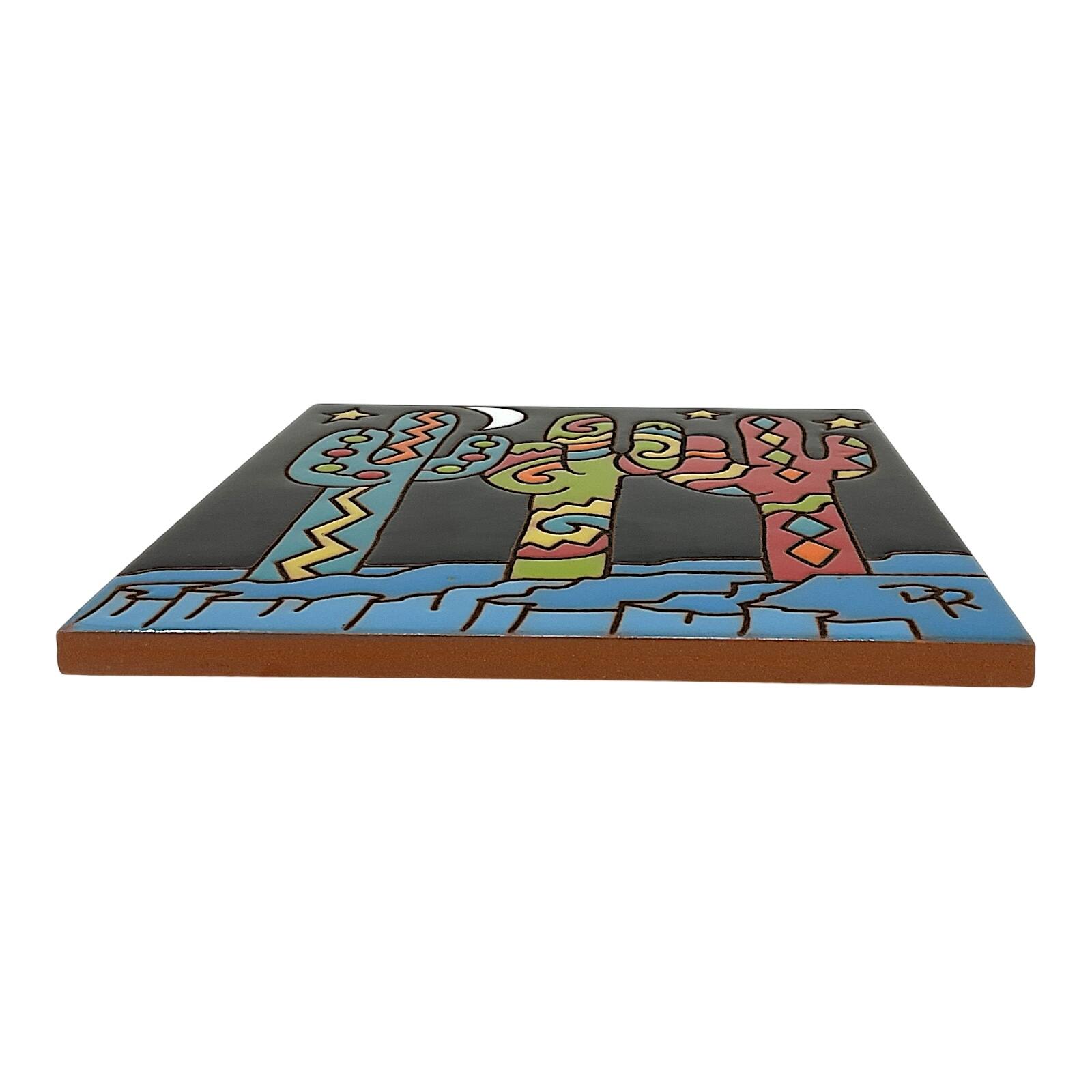 Back. Earthtones Tile - Earthtones Southwest Saguaros Colorful Cactus 6X6 Hand Glazed Decorative Tile or Kitchen Trivet - Multicolor.