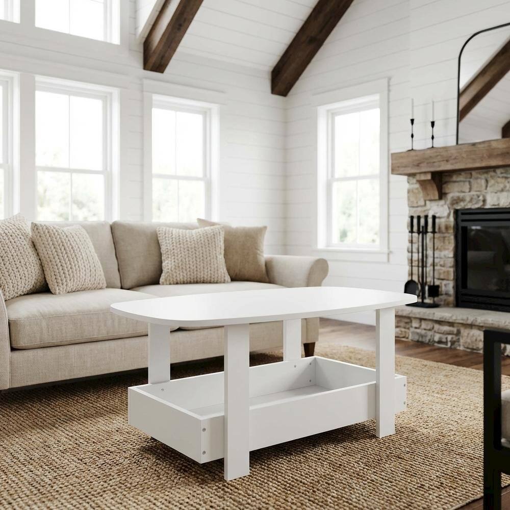 Angle. FurniFact - White Coffee Table with Storage Compartment and Sleek Modern Design - White.