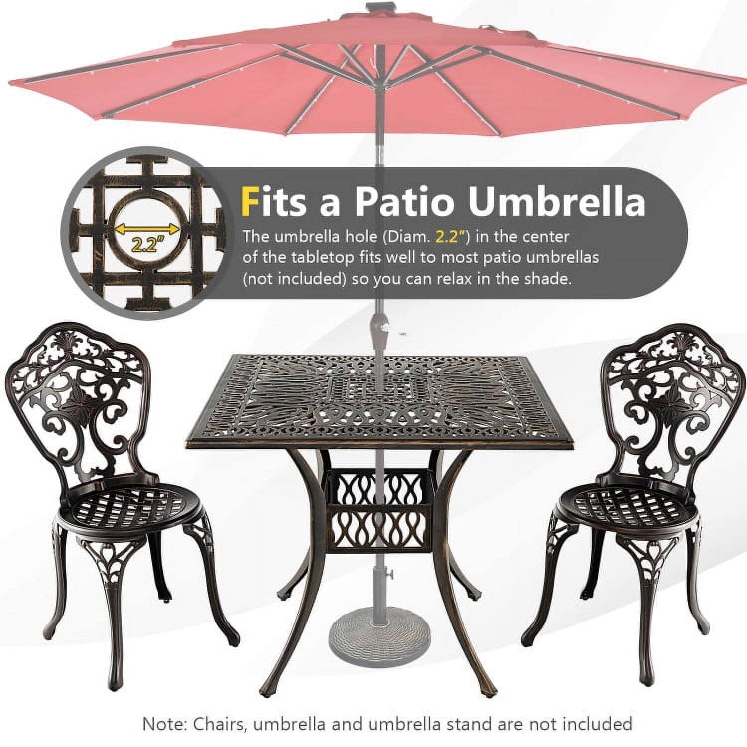 2.2" Fits a Patio Umbrella

The umbrella hole (Diam. 2.2") in the center of the tabletop fits well to most patio umbrellas (not included) so you can relax in the shade.

Note: Chairs, umbrella and umbrella stand are not included