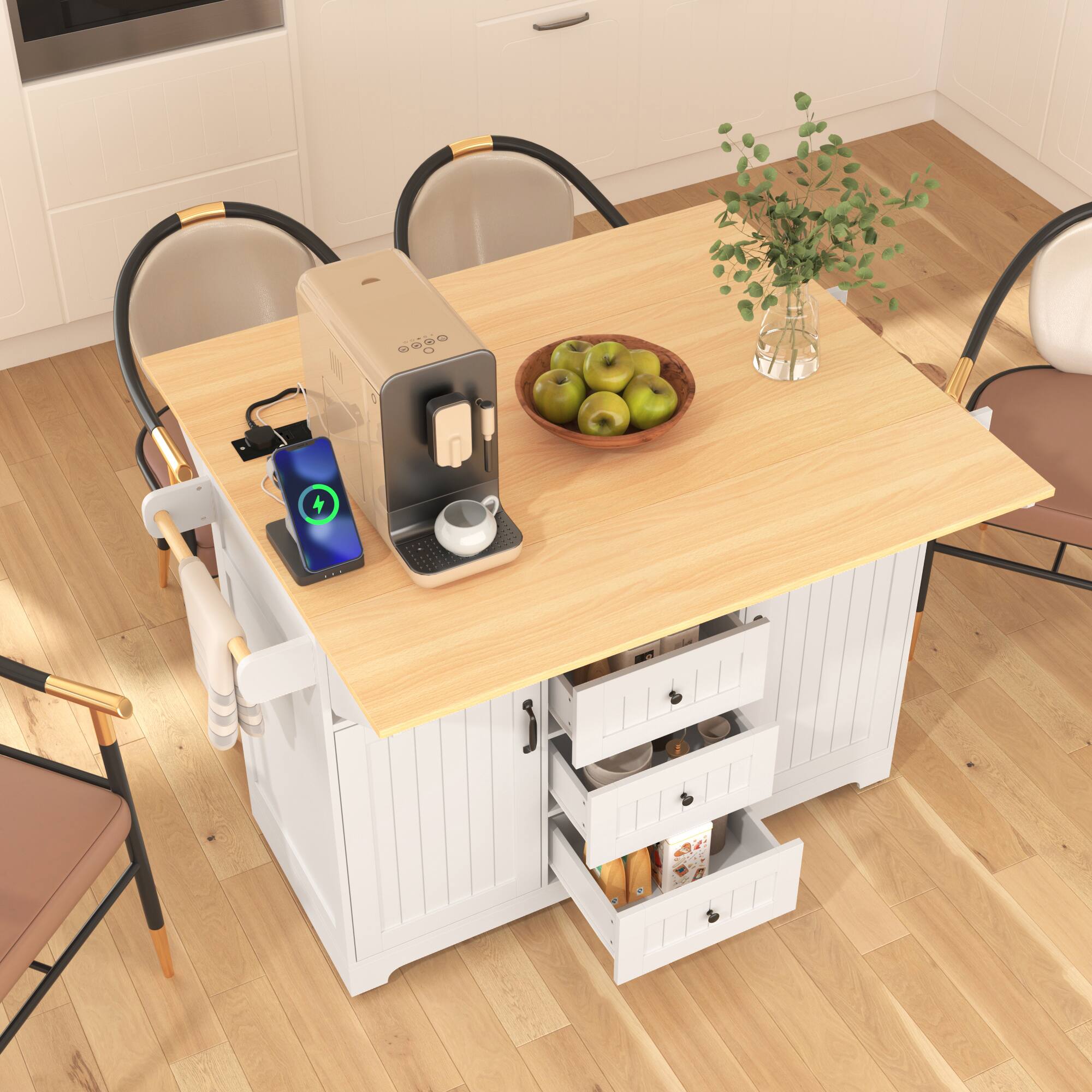 Angle. Spaco - Spaco 55.7" Kitchen Island Cart with Power Outlet, 2 Drop Leaves, 3 Drawers, Storage Shelf, Spice Rack and Towel Bar - White.
