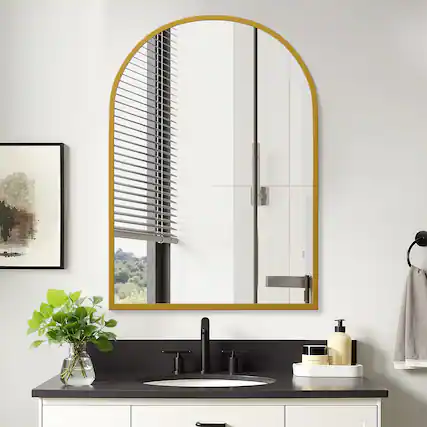 Front. PexFix - 29.5" x 39.4" Arch Bathroom Mirror Medicine Cabinet with Adjustable Shelves - Metal Frame, Recessed or Surface Mount - Gold.