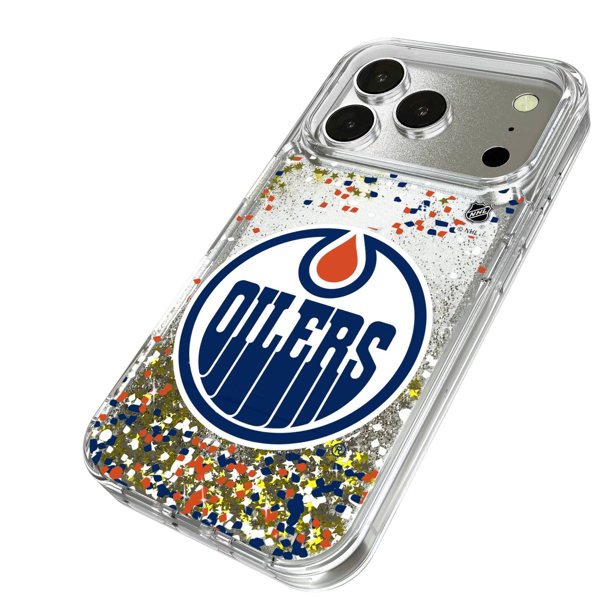 Alt View 1. Keyscaper - Edmonton Oilers iPhone Confetti Glitter Case - 15 Pro - Multicolor.