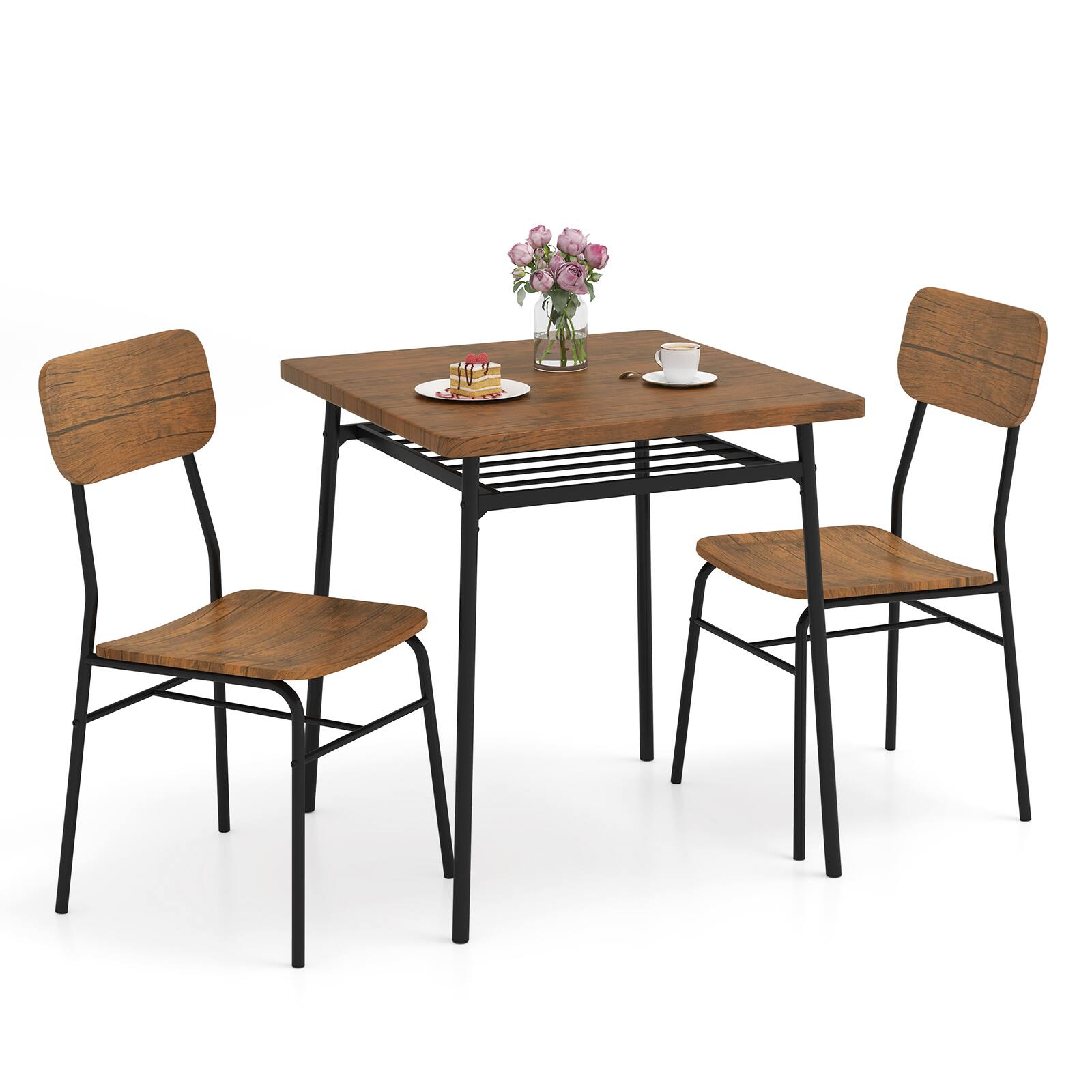 Alt View 9. Gymax - Gymax 3-Piece Wood Square Kitchen Table & Chair Set w/ Metal Frame Storage Rack - Black, Brown.