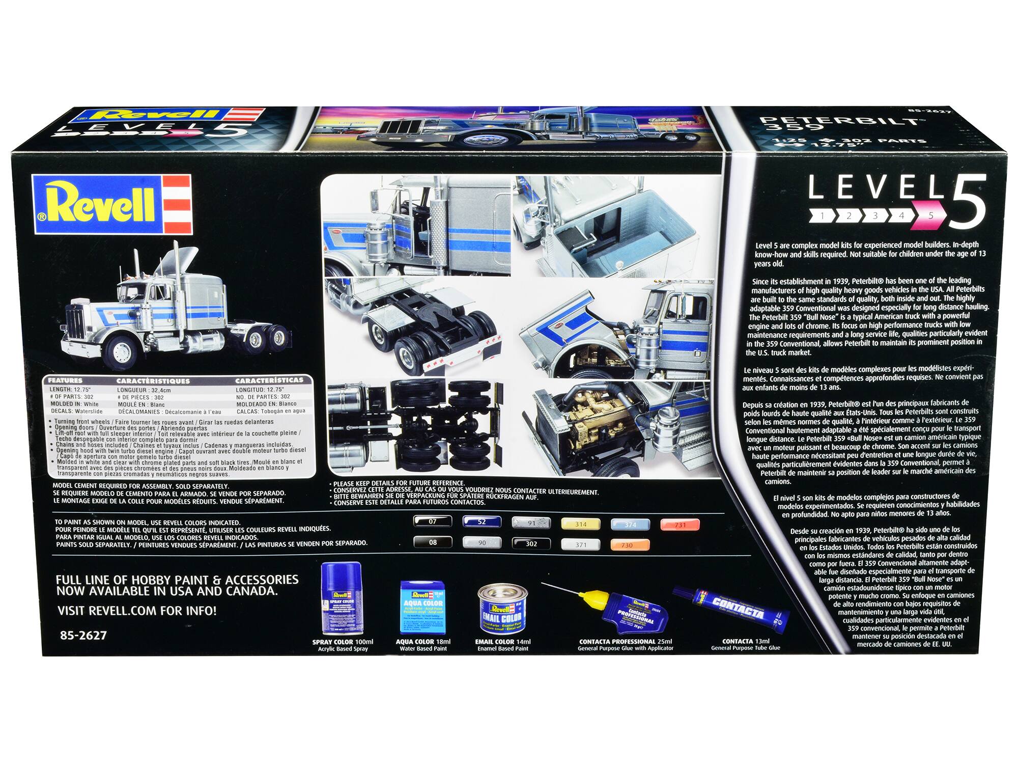 Level 5 are complex model kits for experienced model builders. In-depth know-how and skills required. Not suitable for children under the age of 13. Since its establishment in 1939, Peterbilt has been one of the leading manufacturers of high quality heavy goods vehicles in the USA. All Peterbilts are built to the same high quality, both inside and out. The highly adaptable 359 Conventional was designed for long hauling. The Peterbilt "Bull Nose" is a typical American truck with a powerful engine and lots of chrome. Its focus on high performance and long service life allows Peterbilt to maintain its position in the truck market.

Le niveau 5 sont des kits de modèles complexes pour les modélistes expérimentés. Connaissances et compétences approfondies requises. Ne convient pas aux enfants de moins de 13 ans. Depuis sa création en 1939, Peterbilt a été l'un des principaux fabricants de camions lourds de haute qualité aux États-Unis. Tous les Peterbilts sont construits selon les mêmes normes de qualité, à l'intérieur comme à l'extérieur. Le 35