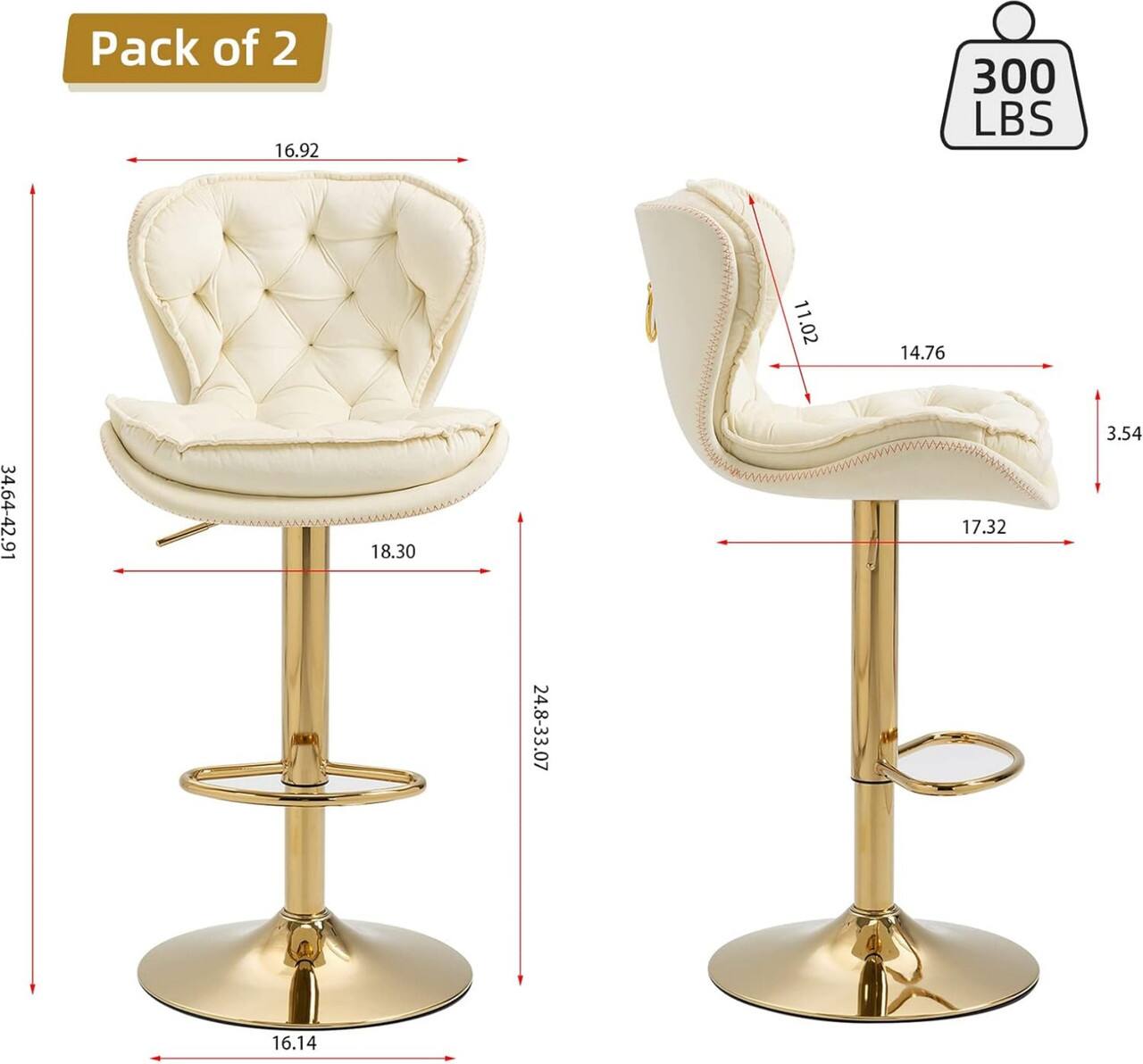 Pack of 2  
16.92  
300 LBS  
11.02  
14.76  
34.64-42.91  
18.30  
17.32  
3.54  
24.8-33.07  
16.14