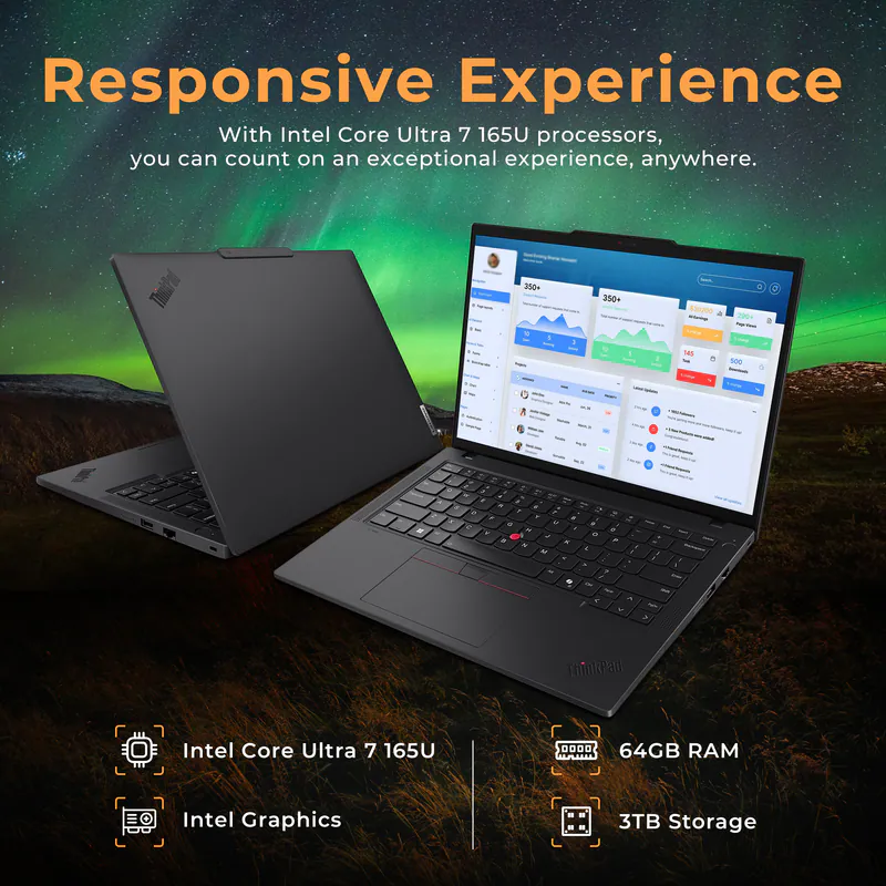 Responsive Experience

With Intel Core Ultra 7 165U processors, you can count on an exceptional experience, anywhere.

ThinkPad Intel Core Ultra 7 165U  
64GB RAM  
Intel Graphics  
3TB Storage