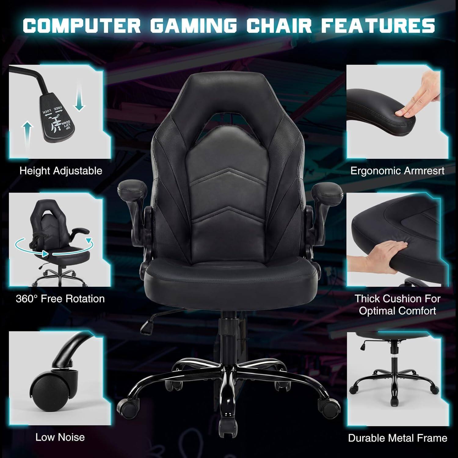 COMPUTER GAMING CHAIR FEATURES

- Height Adjustable
- Ergonomic Armrest
- 360° Free Rotation
- Thick Cushion For Optimal Comfort
- Low Noise
- Durable Metal Frame