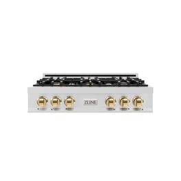 ZLINE - Autograph 36 in. Slide-In Classic Rangetop w/ 6 Burners in Stainless Steel & Polished Gold Accents - Stainless Steel