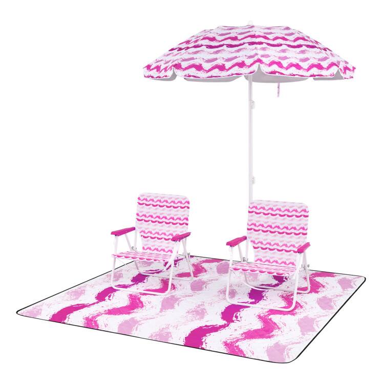 Alt View 5. Mondawe - 4-Piece Beach Umbrella Set with 2 Foldable Chairs and Picnic Blanket - Pink.