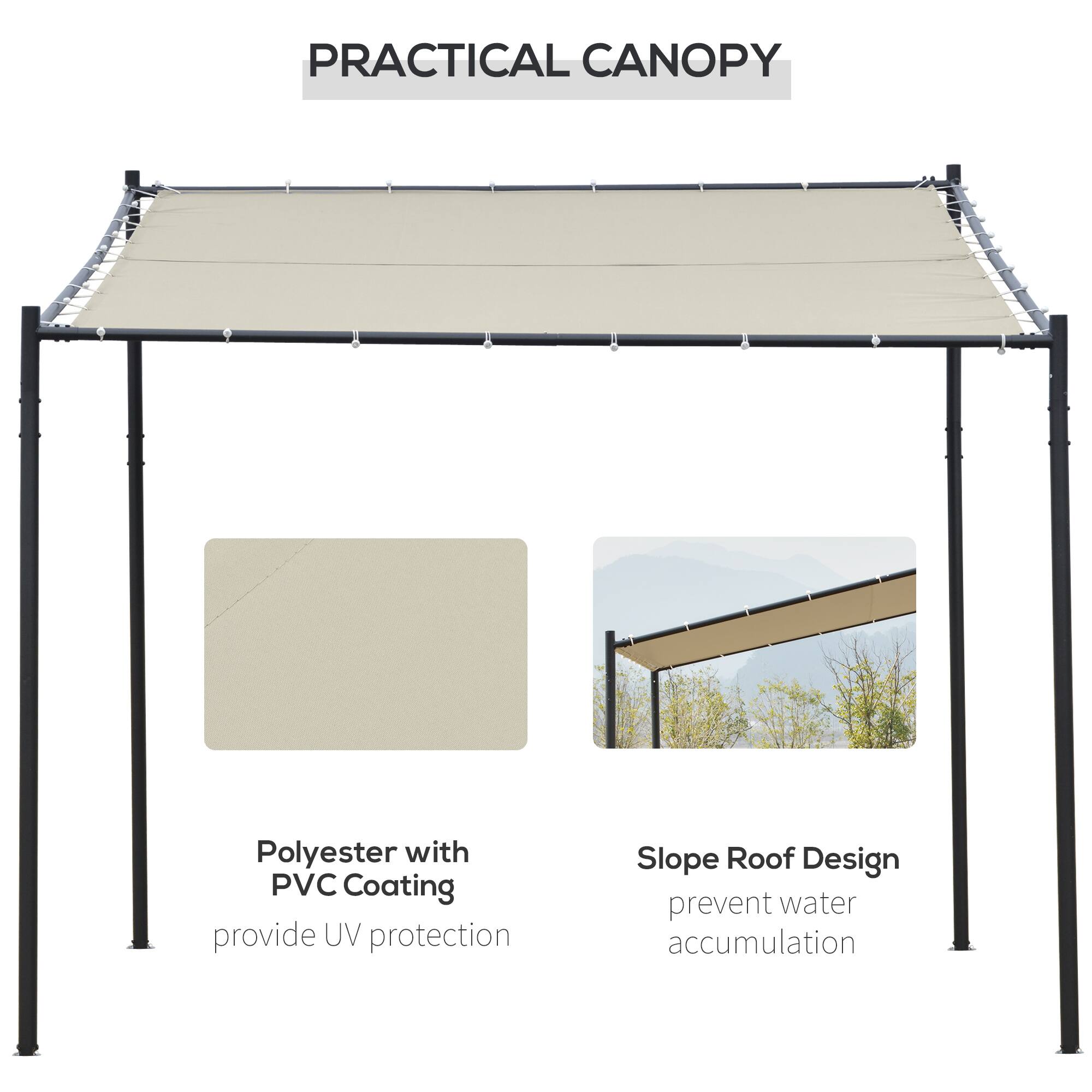 PRACTICAL CANOPY
Polyester with PVC Coating provide UV protection
Slope Roof Design prevent water accumulation
