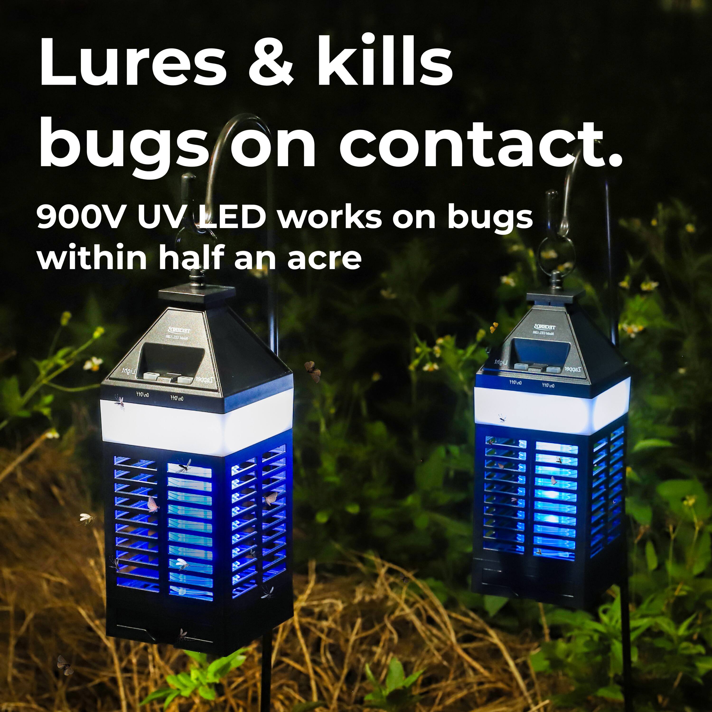 Lures & kills bugs on contact. 900V UV LED works on bugs within half an acre.
