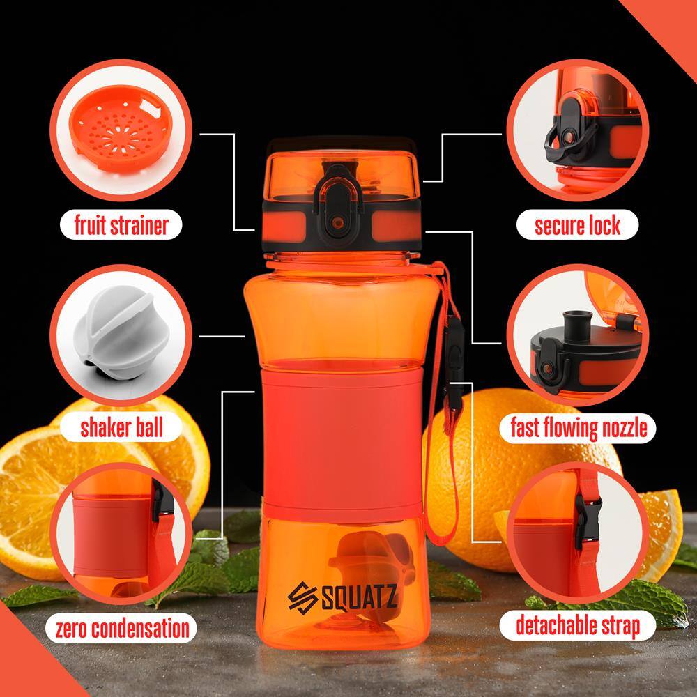 - Fruit strainer
- Secure lock
- Shaker ball
- Fast flowing nozzle
- Zero condensation
- Detachable strap