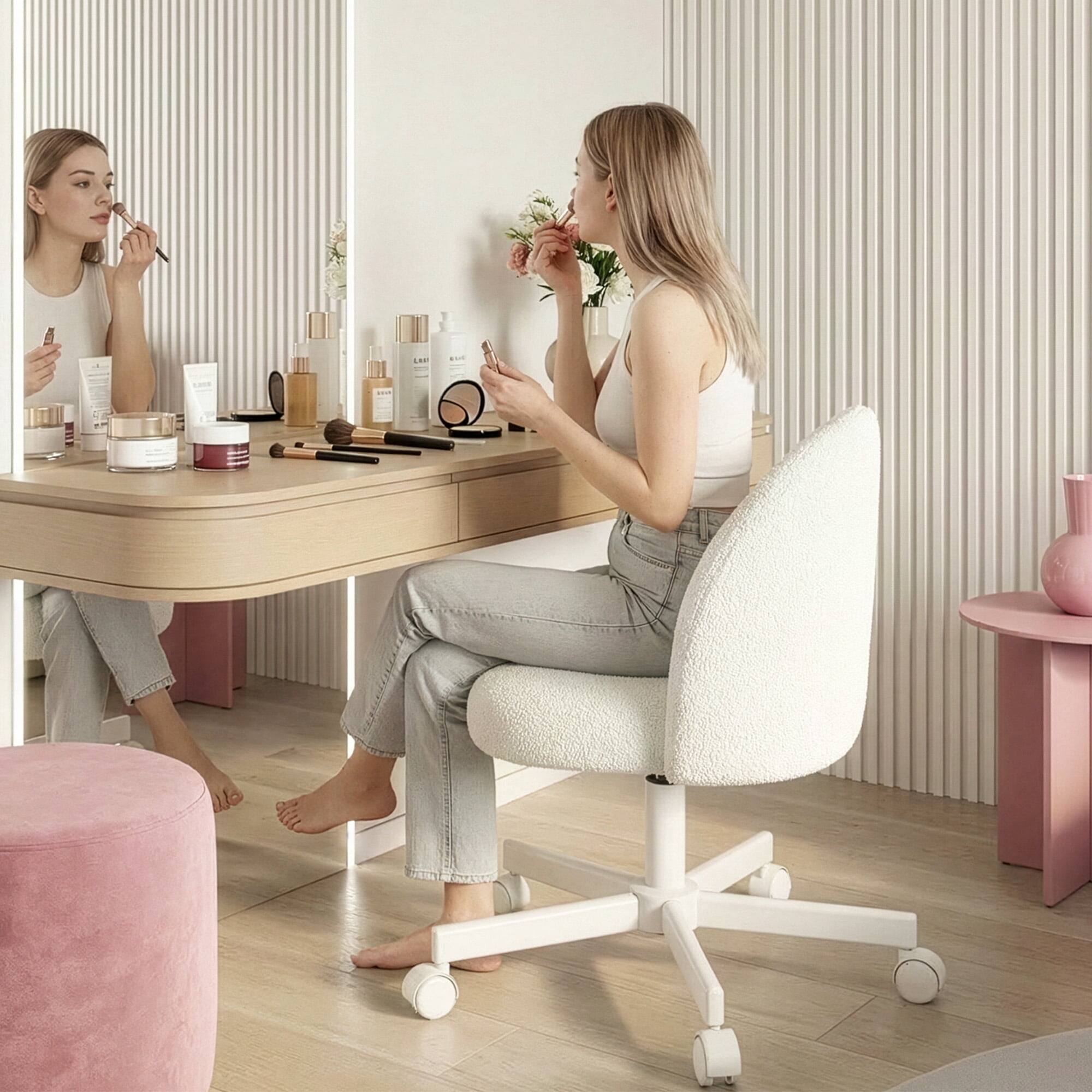 Back. Neo Chair - Office Vanity Chair with Wheels Comfy Desk Chair for Girls Cute Computer Small Armless Adjustable Height Swivel - White.